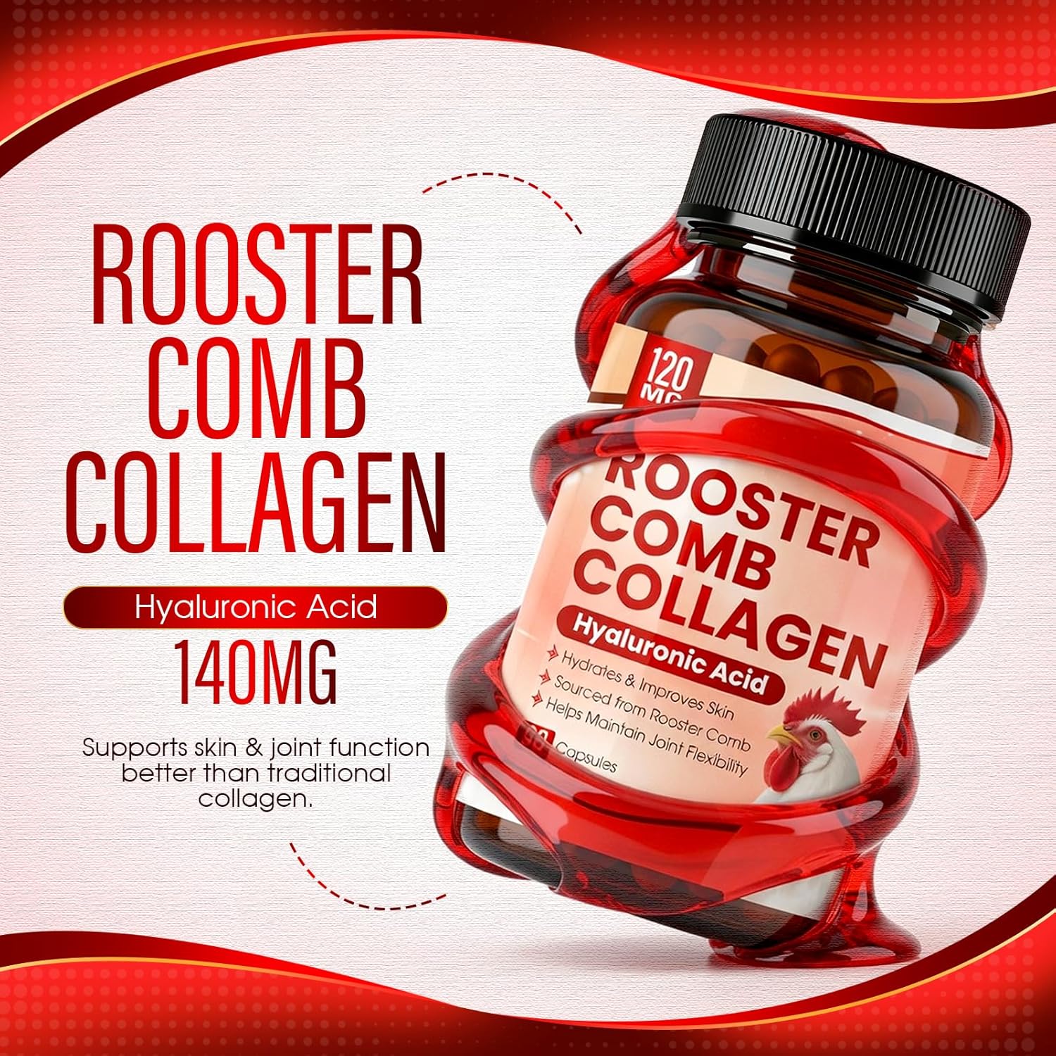 Rooster Comb Collagen, Natural Rooster Comb Extract Supplement, 140mg - Hyaluronic Acid & Collagen, Supports Joint & Skin Health,90 Capsules (2)