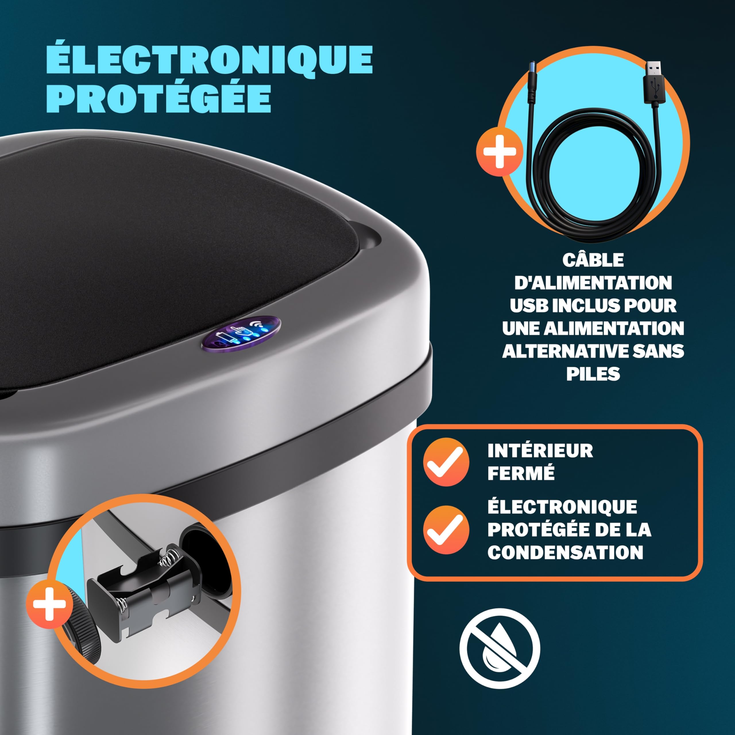 Monzana Poubelle automatique acier inoxydable 58 L capteur de mouvement USB argent