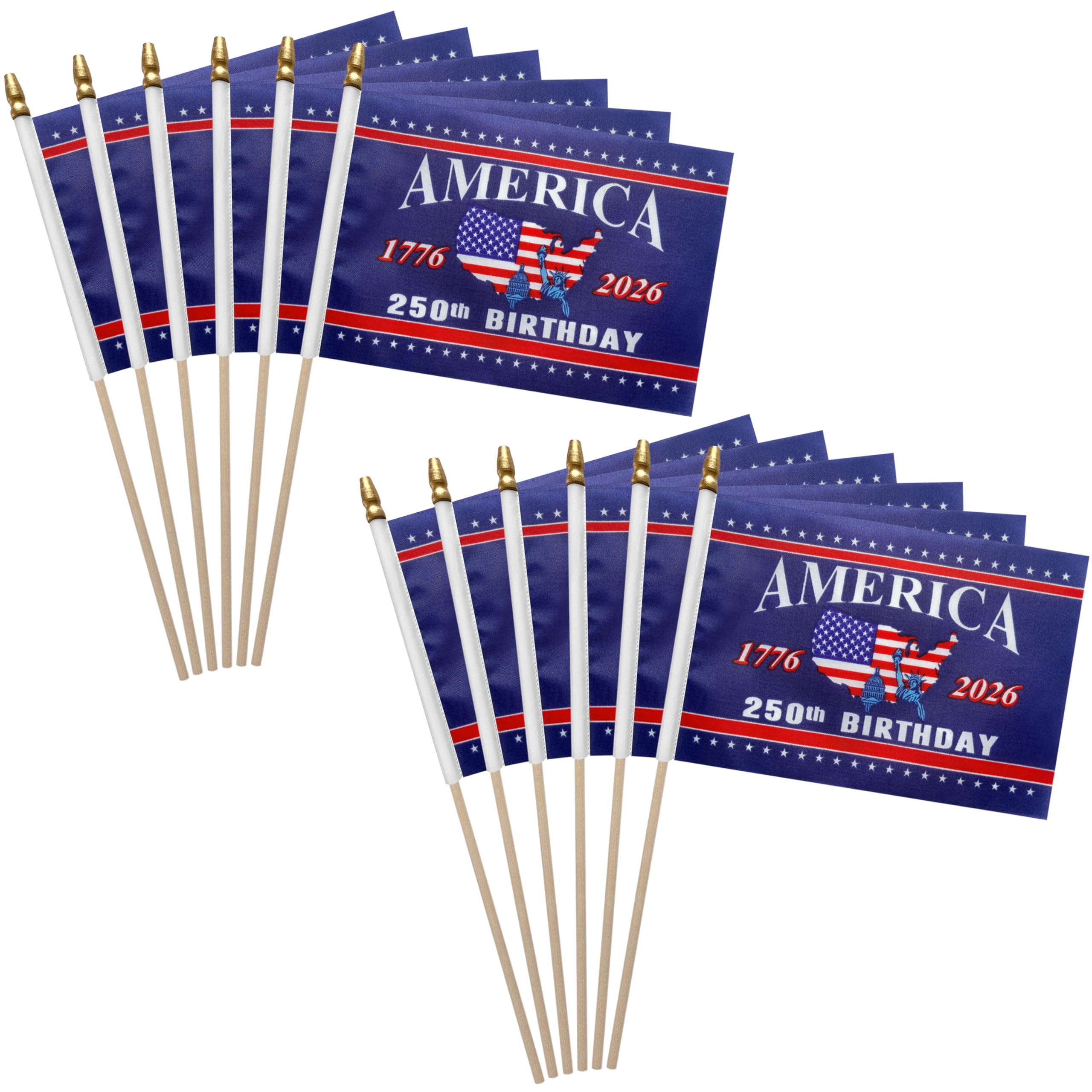 WEITBF 12 Pack 250th Anniversary USA Flag 250 Years of Birthday Small American Handheld Flags on Stick,4th of July Outside Decorations,5x8 Inch
