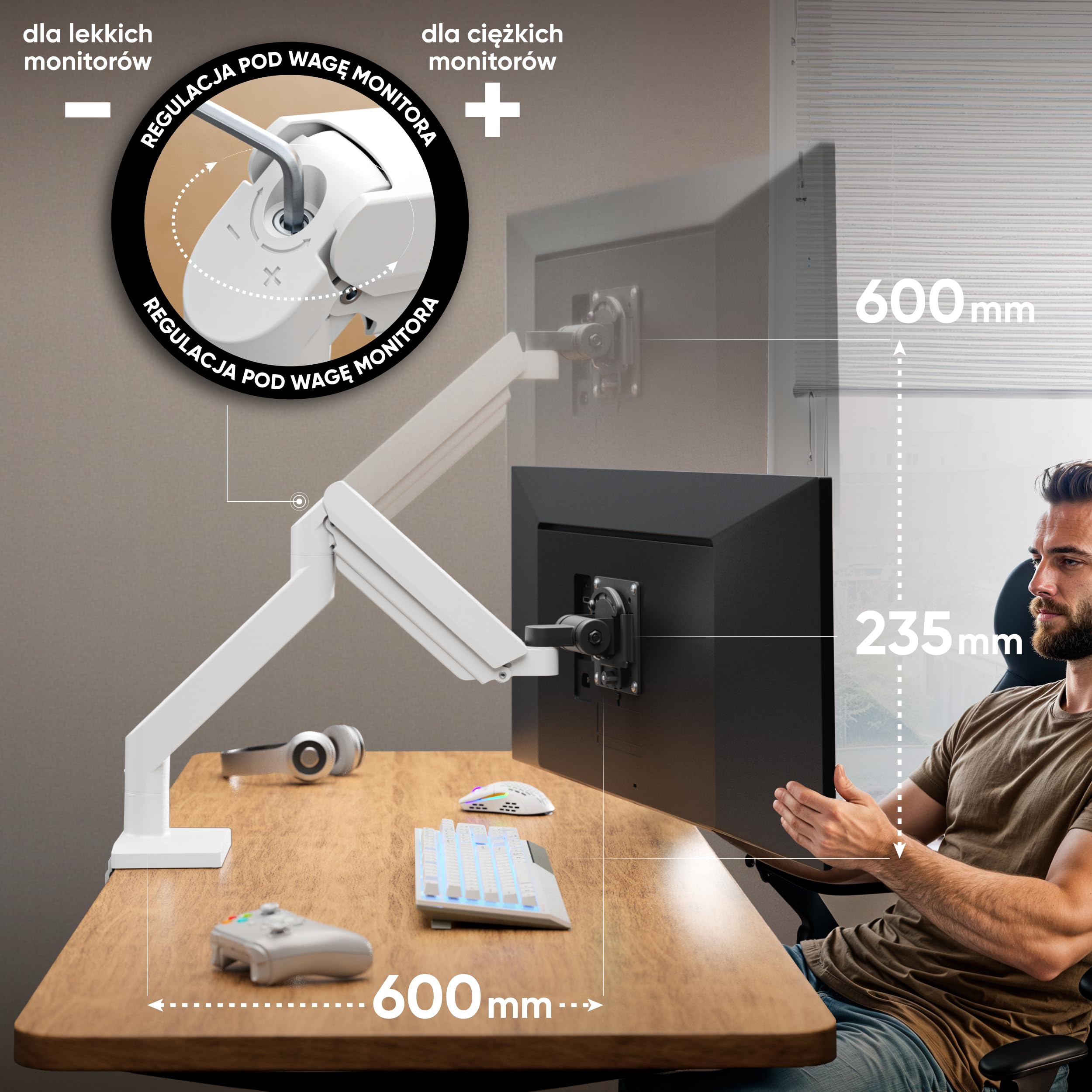 ONKRON Uchwyt do monitora 15-42 cali 15 kg VESA 75x75-100x100 z USB sprężyna gazowa G110-BG