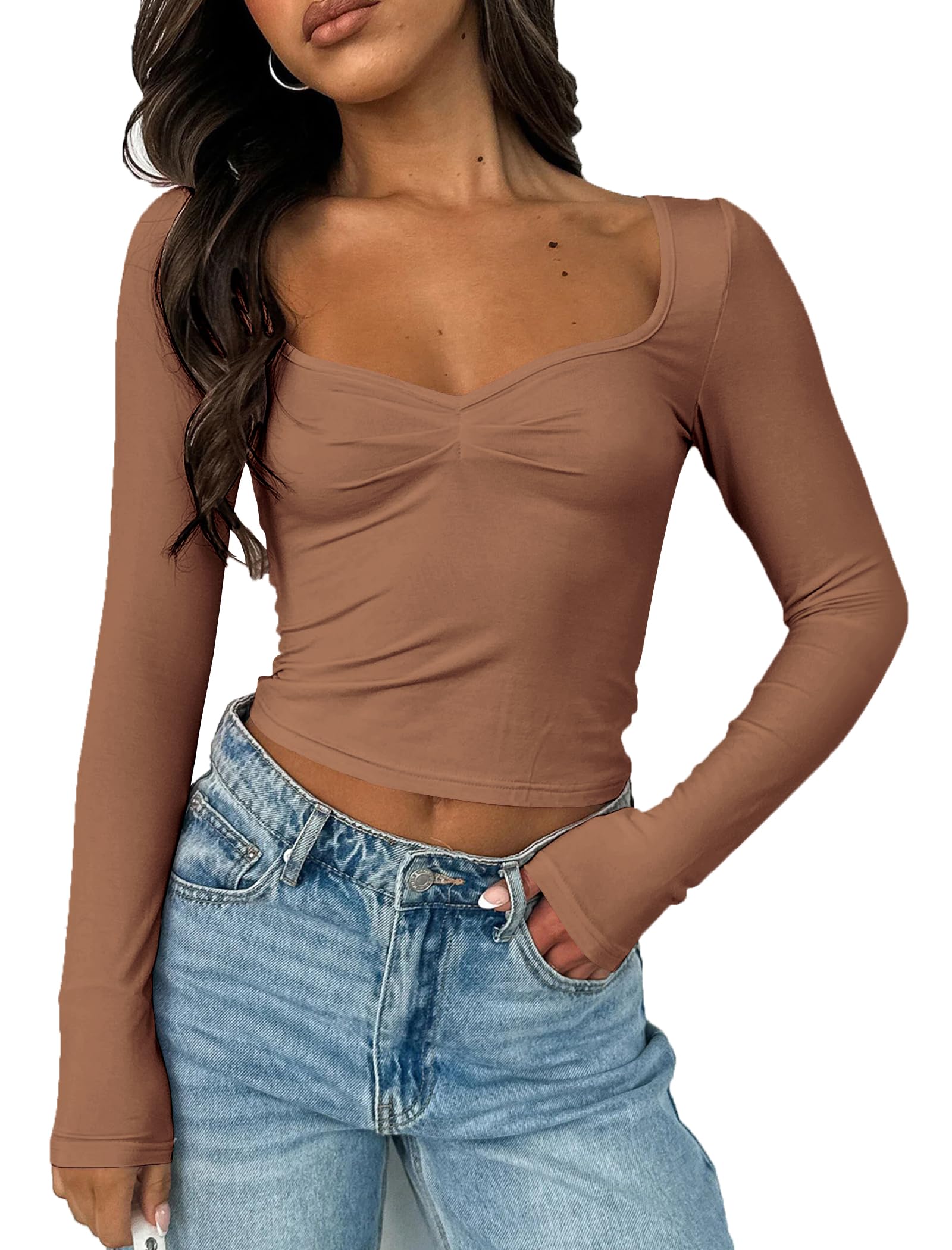 Women Sexy Sweetheart Neckline Cropped T Shirts Long Sleeve Tight Y2K Cute Tops Brown S
