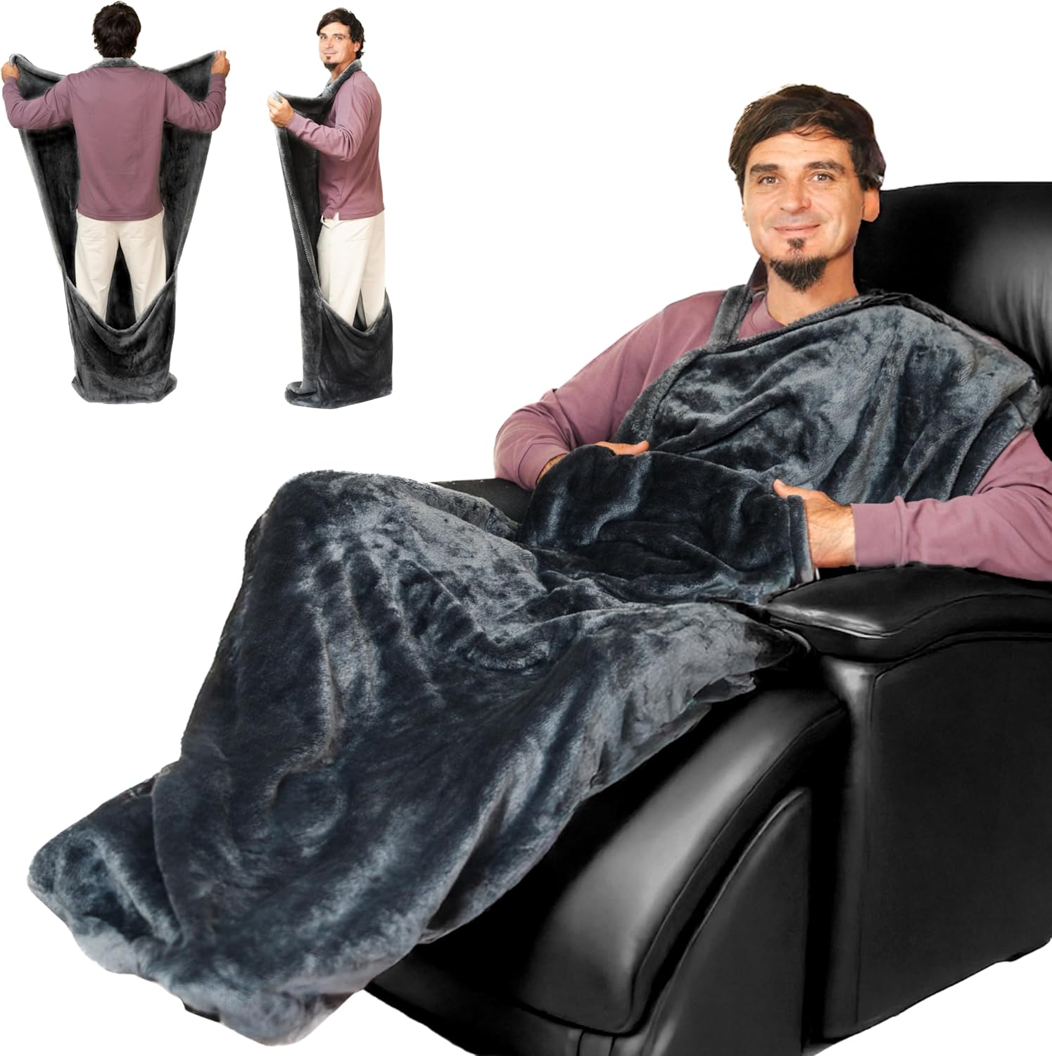 EzrAllora Plush Fleece Foot Pocket Blanket with Neck Strap -Patent Pending- Premium Fleece Throw - Gamer Gifts for Boyfriend Who Want Nothing - TV Blanket - Spring Essentials (Silver Grey)
