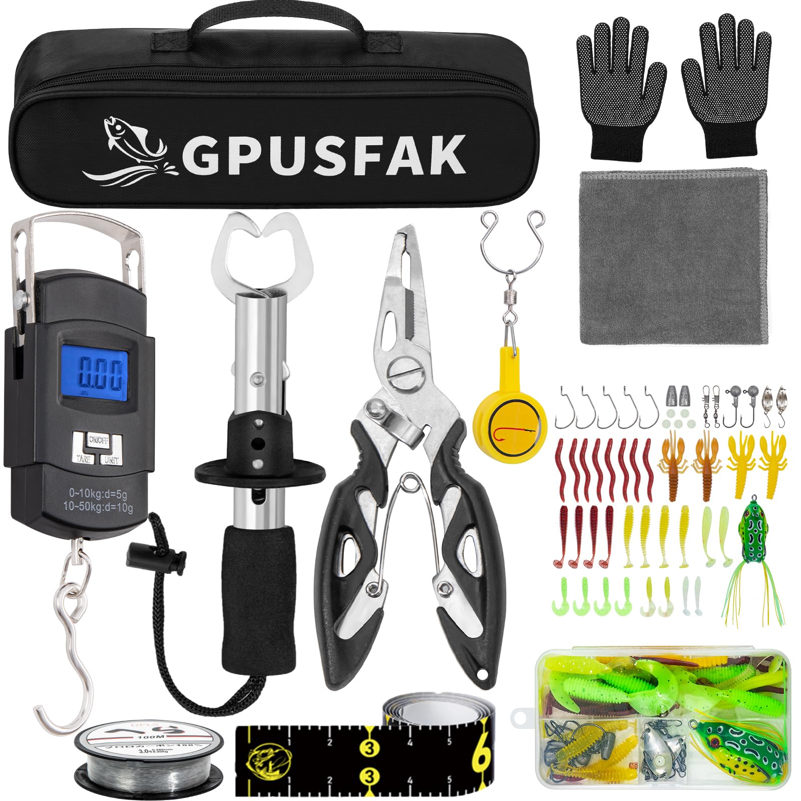 GPUSFAK Fishing Tool Kit, Fishing Gears, Pliers Ice Fly Hook Knotter Lip Gripper Anti-Slip Gloves Lures Baits Accessories