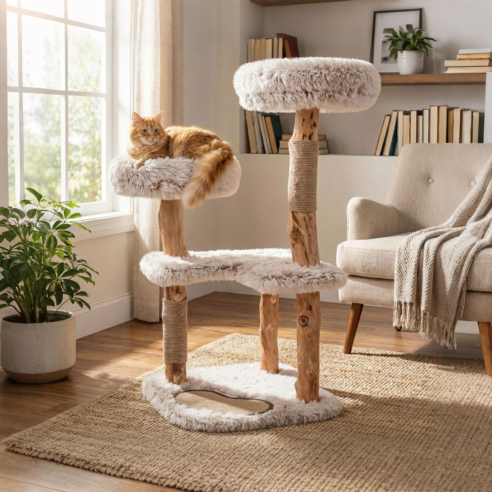 COSTWAY 101 cm Árbol Rascador para Gatos de Madera Maciza, 4 Plataformas Acolchadas de Felpa, Postes Rascadores y Alfombrilla, Torre Rascador para Gatos en Forma de Ramas de Bohemio para Interior