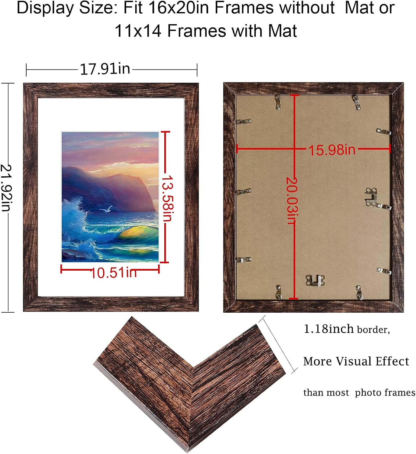 16x20 Frames Rustic Brown, Poster Frame Display Prints 11x14 with Mat or 16x20 Without Mat, 2PCS