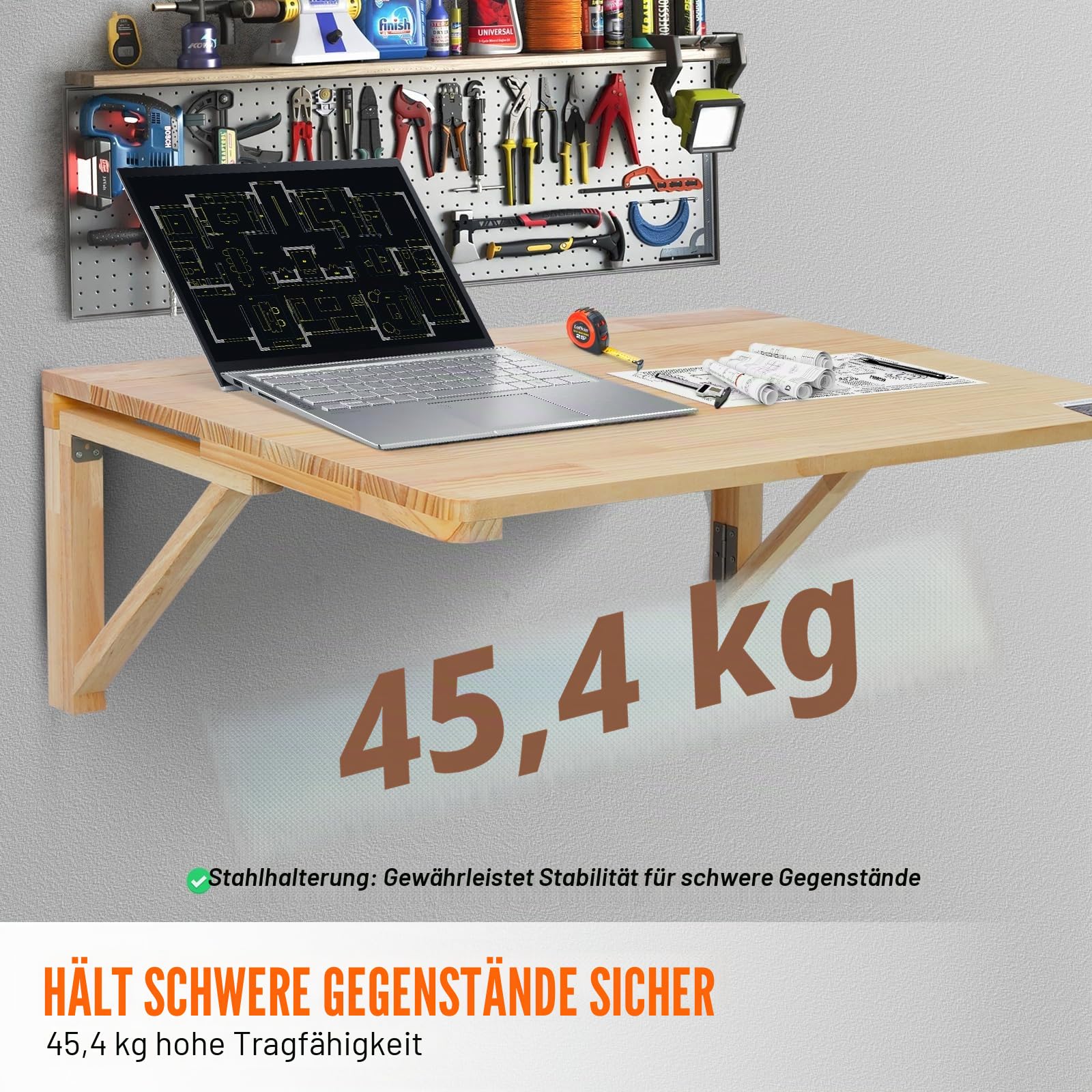 VEVOR Wandklapptisch, 80 x 60 cm, Wandmontage, Klapptisch, schwebender Schreibtisch aus Holz mit Eisenhalterung, zusammenklappbarer Schreibtisch für Heimbüro, Esszimmer, Waschküche, Küche, Bar