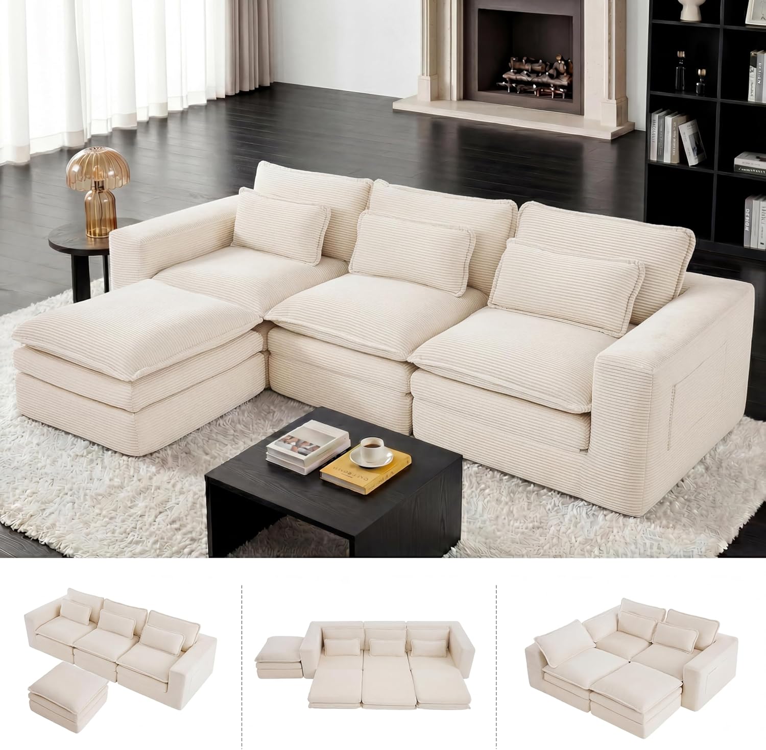109" Sectional Couch Boneless Modular Sofa for Living Room with Ottoman | No Assembly Required Sofa Bed L shaped Couch | Corduroy Deep Seat Couch with Double Layer Cushion & Removable Cover | Beige