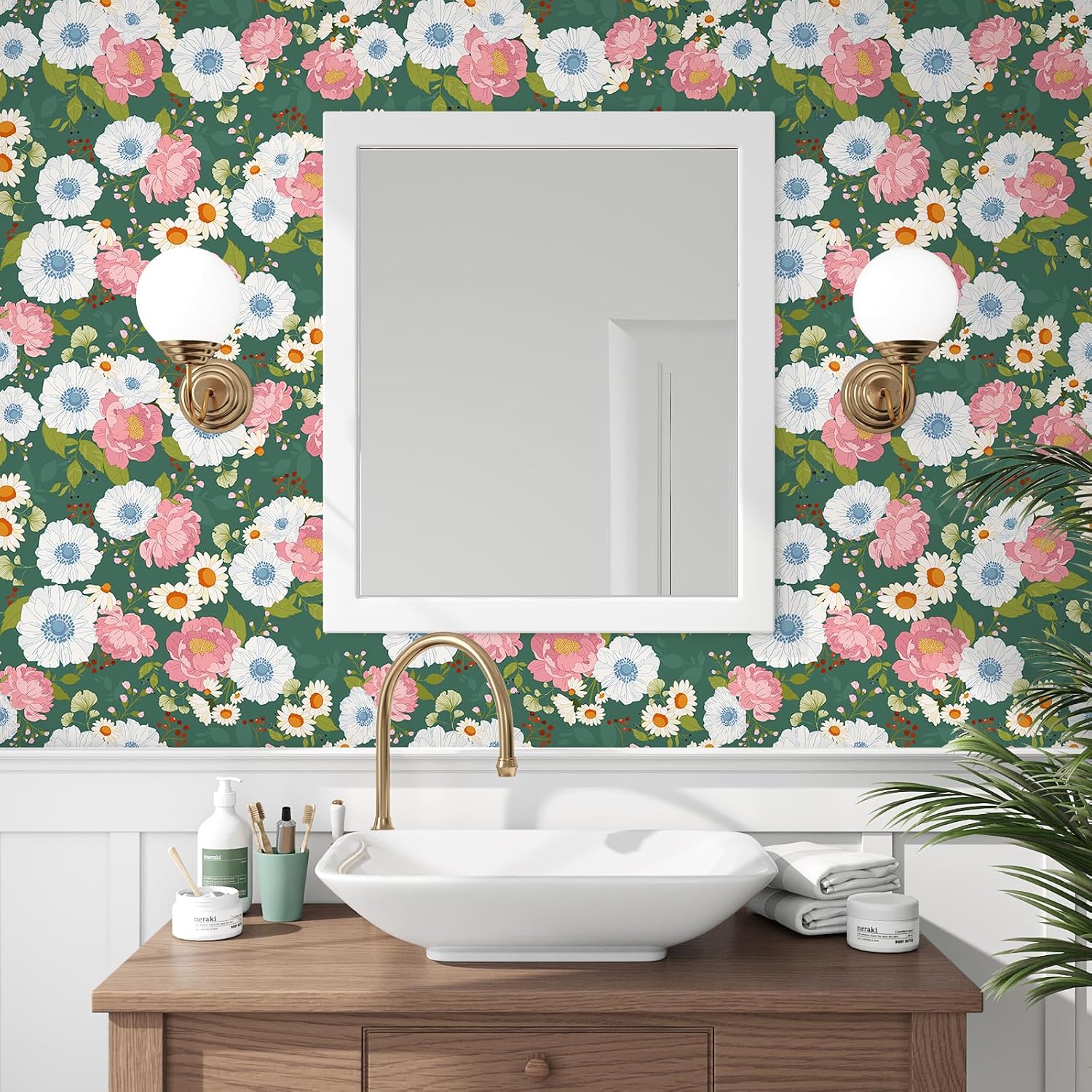 VEELIKE 17.7''x354'' Vintage Pine Green Floral Wallpaper Peel and Stick Berries Daisy Floral Wall Mural Self Adhesive Flower Wallpaper for Bedroom Nursery Removable Green Botanical Wallpaper for Walls