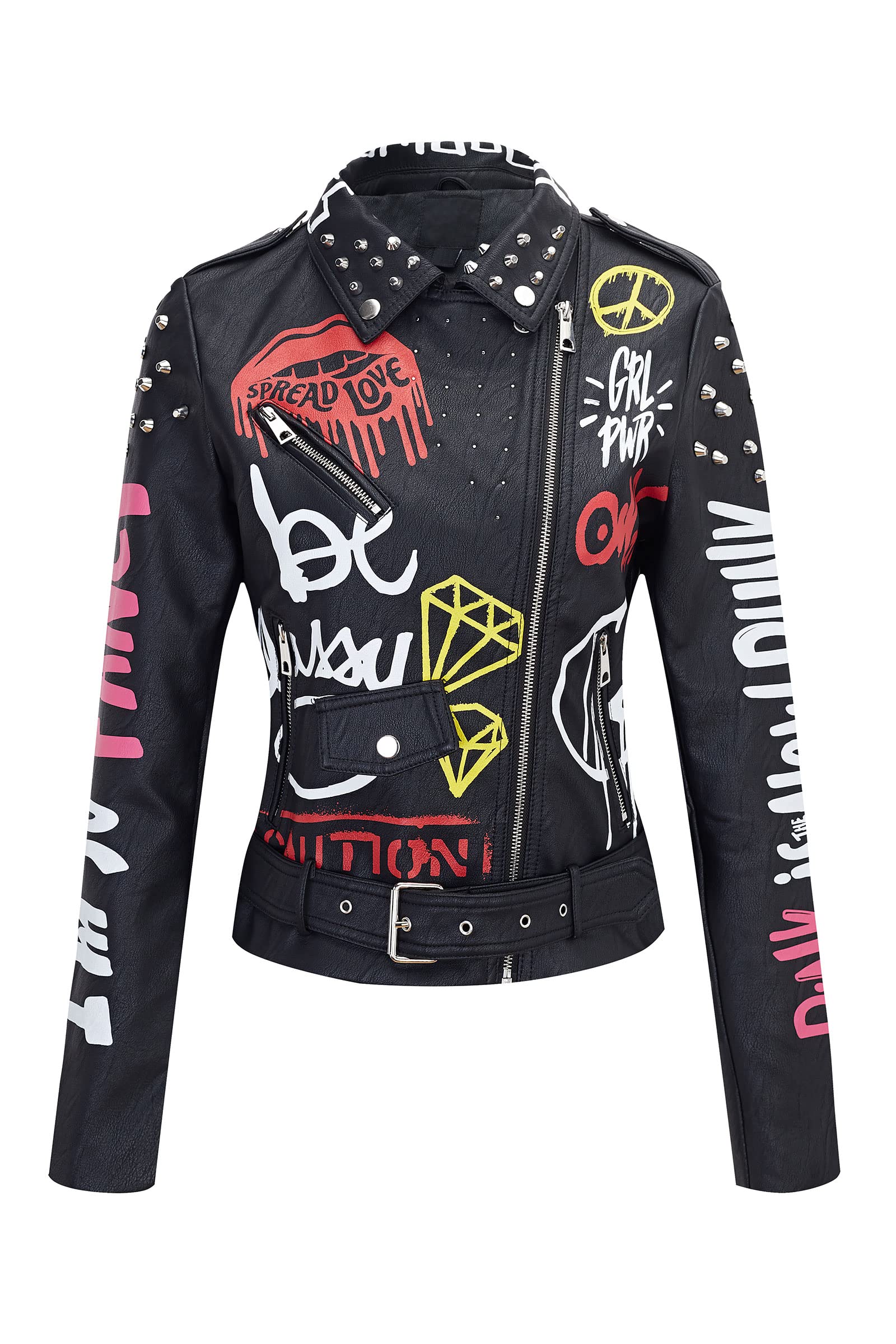 Giolshon Damskie Kurtka ze skóry syntetycznej Nity z ćwiekami Moto Floral Biker Krótki płaszcz z klapą