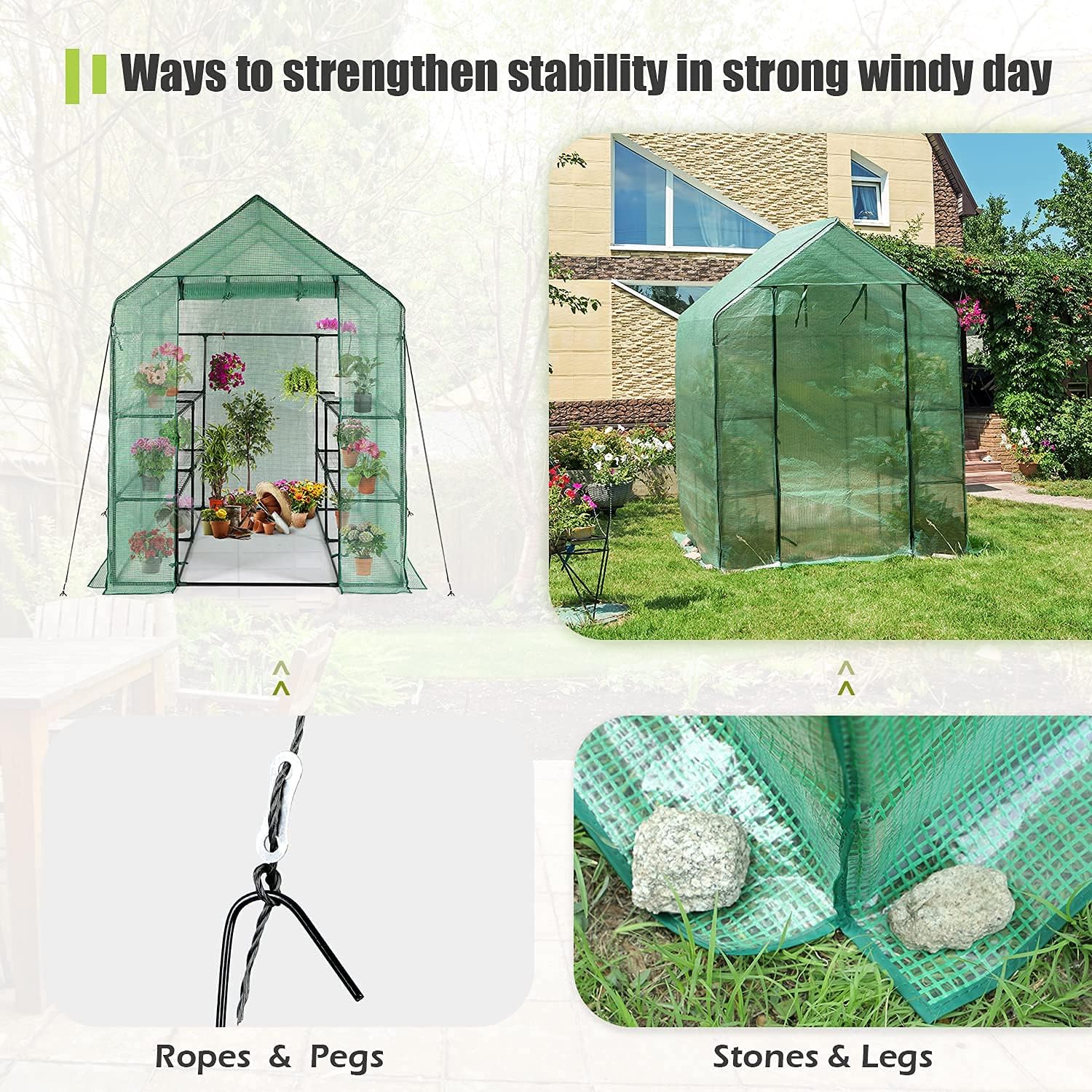 Walk-in Greenhouse - 3 Tiers 8 Shelves Plant Stands, Outdoor With Anchors Roll-up Zipper Door, Waterproof Gardening, PE Cover, 56"x56"x77"