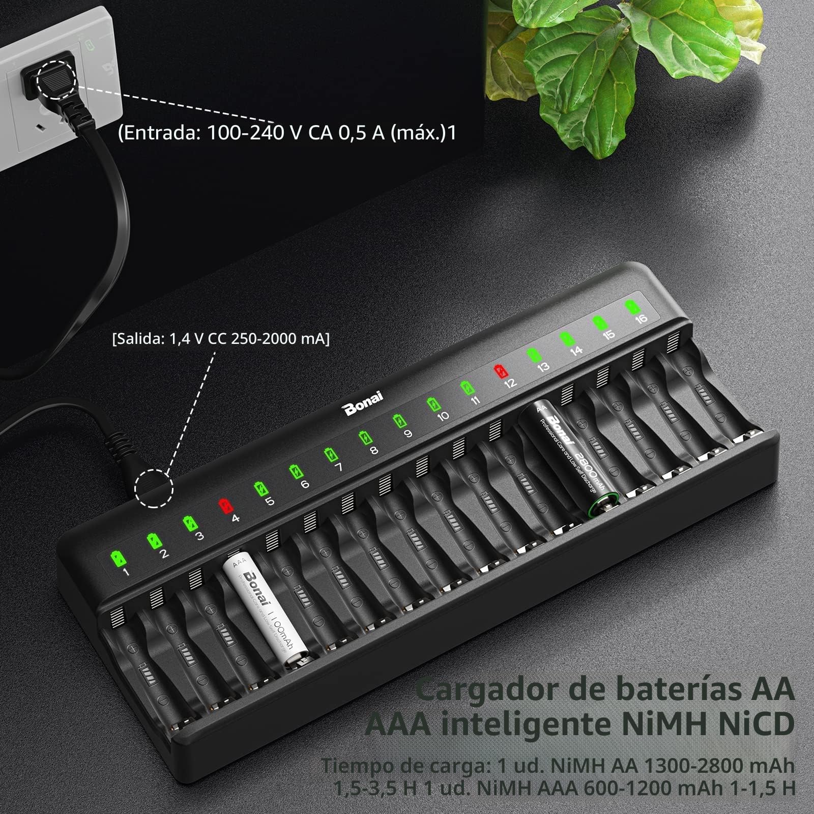 BONAI Cargador de Batería de 16 Ranuras, Caragdor de Pilas para Recargables AA y AAA Ni-MH con Carga Inteligente e Independiente, Indicador Led, No se Incluyen Pilas - Negro