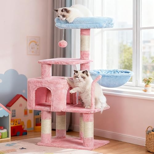 Heybly Cat Tree with Toy, Cat Tower Condo for Indoor Cats, Cat House with Padded Plush Perch, Cozy Hammock and Sisal Scratching Posts, Blue and Pink HCT004SBP