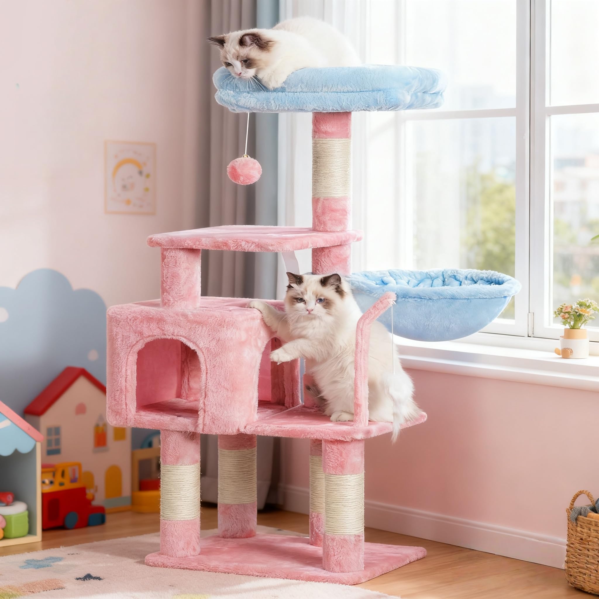 Heybly Cat Tree with Toy, Cat Tower Condo for Indoor Cats, Cat House with Padded Plush Perch, Cozy Hammock and Sisal Scratching Posts, Blue and Pink