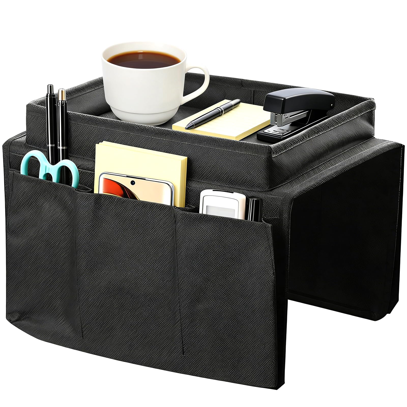 Lcfvofu Black Sofa Armrest Organizer With Tray, Armchair Tray With 4 Bags, Sofa Arm Table For Tv Remote Drinks Magazine Book Phone Snacks Glasses