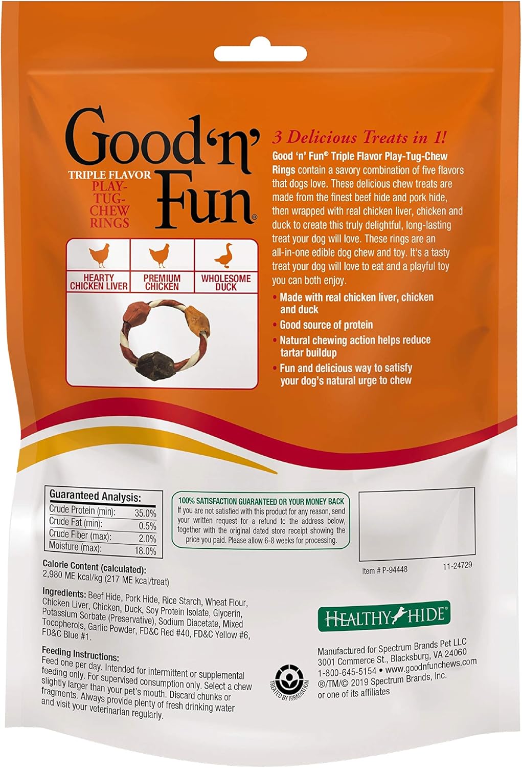Good'n'Fun Good ’n’ Fun Triple Flavor Play-Tug-Chew Rings 4 Count, Snack for All Dogs (1 case of 12 Individual Packs)