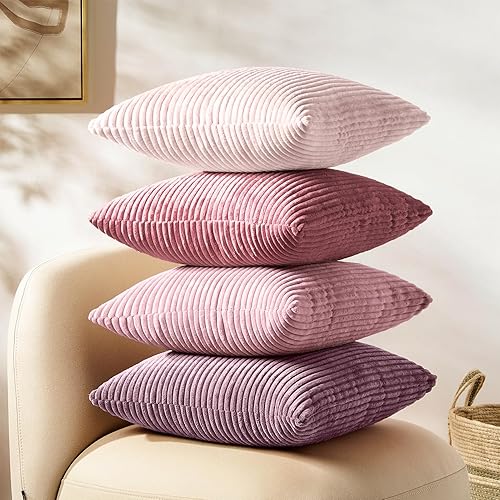 Softalker Juego de 4 fundas de almohada decorativas de pana suave a rayas sólidas, 22 x 22 pulgadas, decoración moderna, fundas decorativas para
