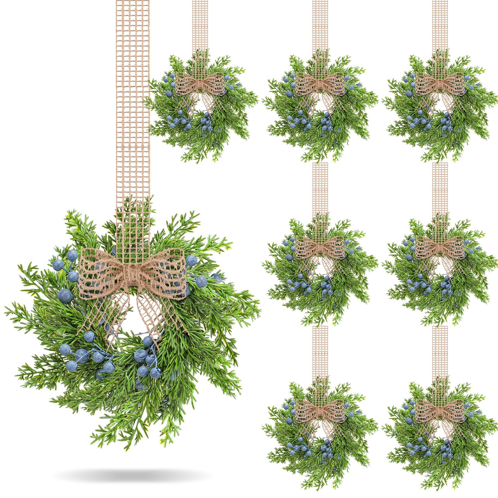 VioraWhite 8 Pcs Mini Wreaths Artificial Blue Berry with Burlap Bow Decor