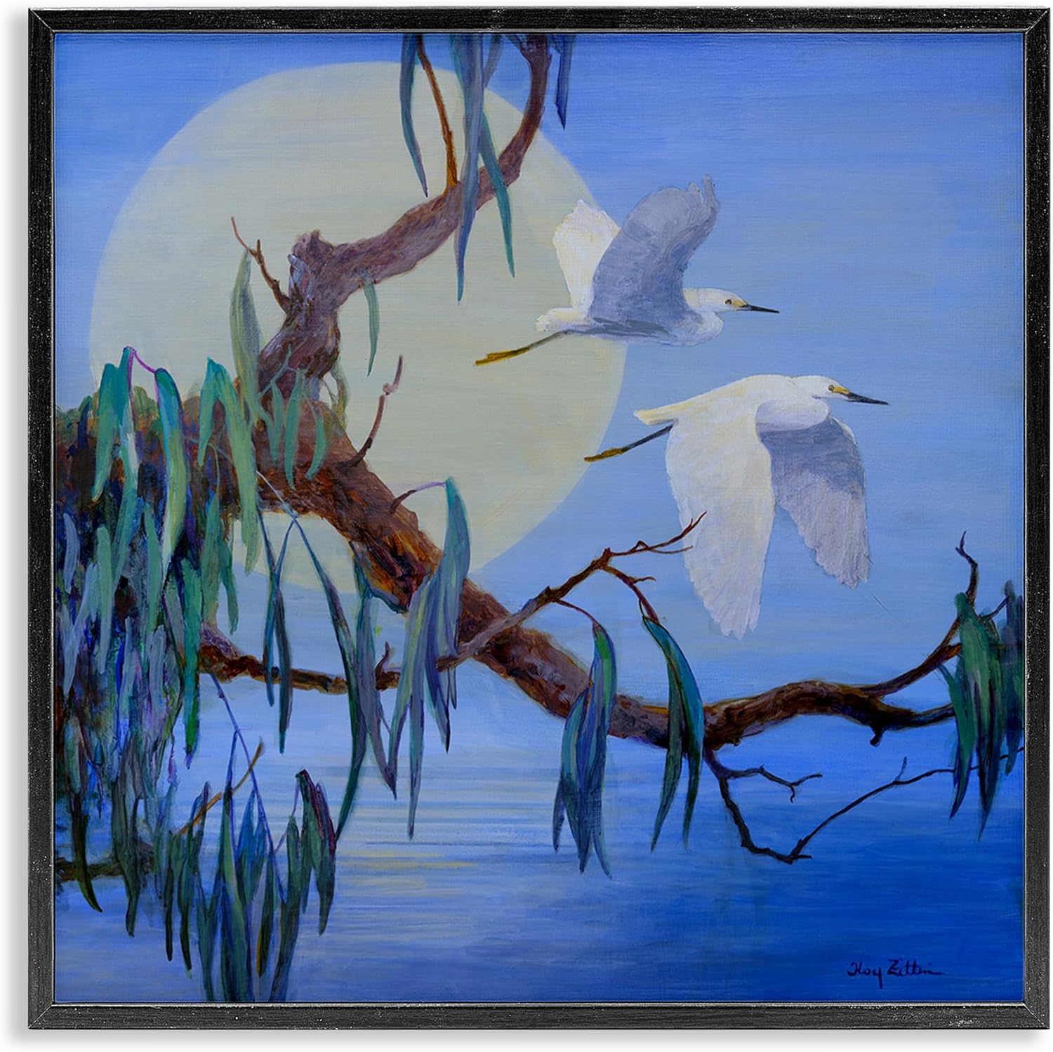 Stupell Industries Shining Moon & Birds Black Framed Giclee Wall Art Design by Floy Zittin, 24 x 24