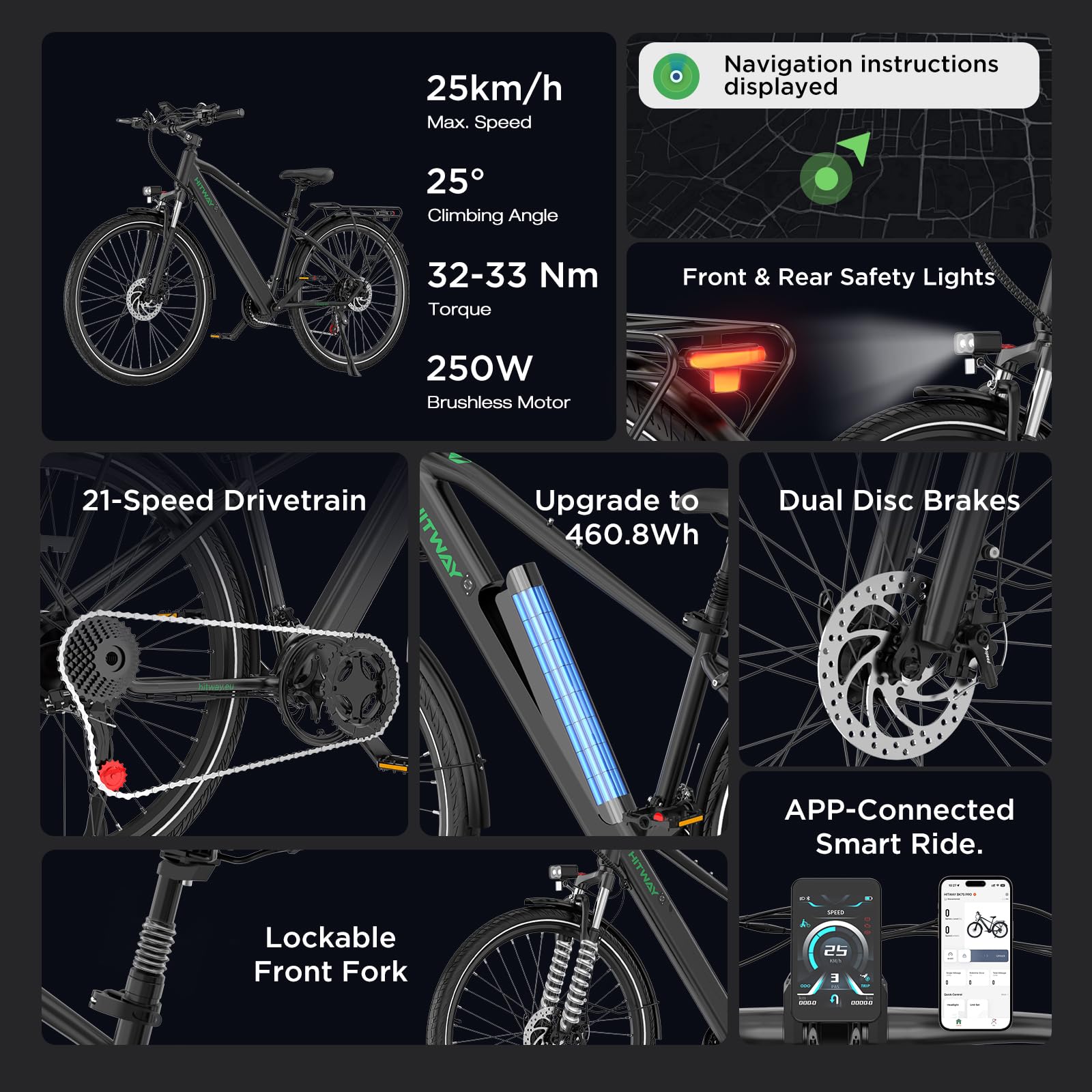 HITWAY Bici Elettrica, Bicicletta Elettrica 27,5/29 Pollici, Batteria Rimovibile 36V 12,8Ah, Motore 250W fino a 25 km/h, Autonomia 50-80 km, MTB E-Bike Pedelec City per Adulti