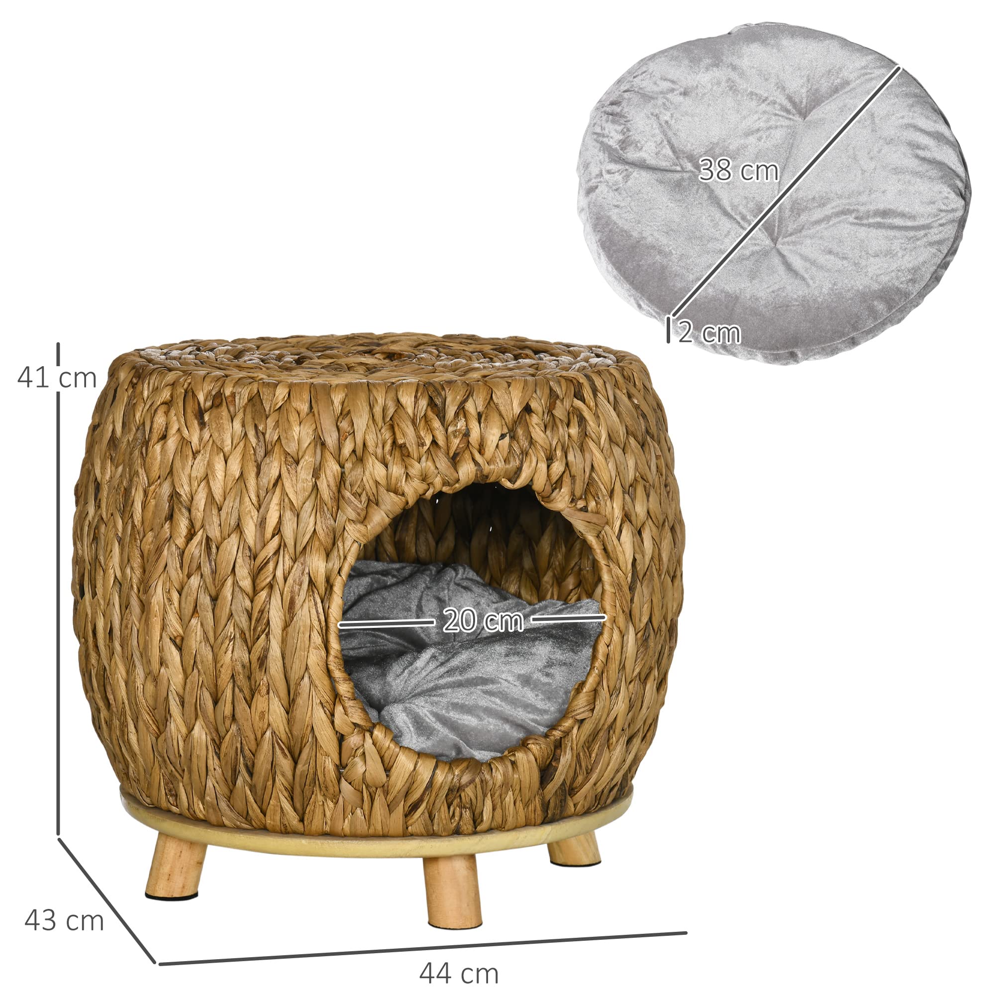 PawHut Taburete de mimbre para la casa del gato, cama de ratán para uso en interiores y exteriores, cama elevada para mascotas con cojín suave lavable 44 x 43 x 41 cm | Cama de ratán para gatito, uso en interiores y exteriores, cojín suave y lavable