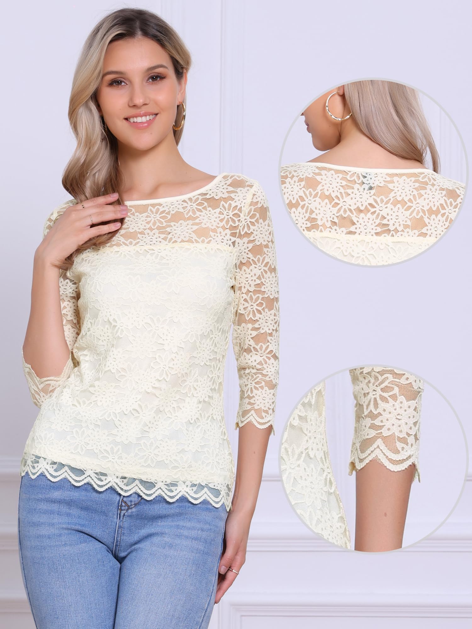 Allegra K Haut en dentelle florale pour femme, manches 3/4, col rond, décontracté, élégant, abricot, Taille XL