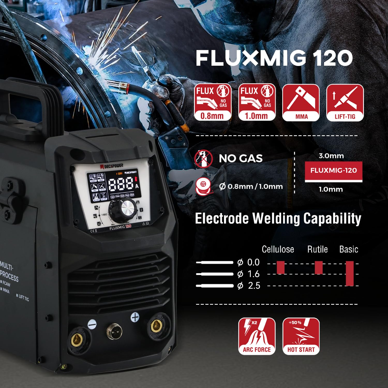 Decapower 220V Poste à souder 120A Arc Lift TIG FLUX MIG sans gaz 3 en 1 Machine de soudage de fil sans gaz Ménage (FLUXMIG-120)