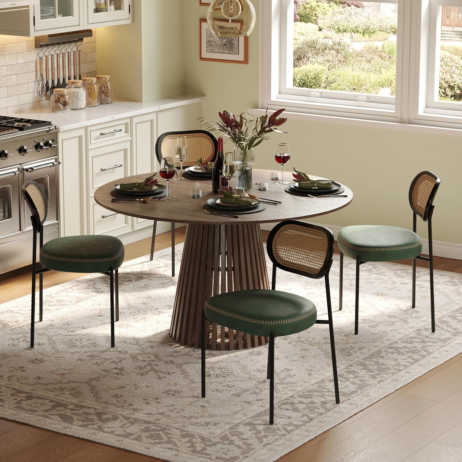 Dining Chairs Set of 4, Faux Leather Bentwood Dining Room Chairs, Mid-Century Modern Upholstered Kitchen Chairs with Rattan Back & Metal Legs, D-Shaped Thick Cushion Chair for Living Room (Green)