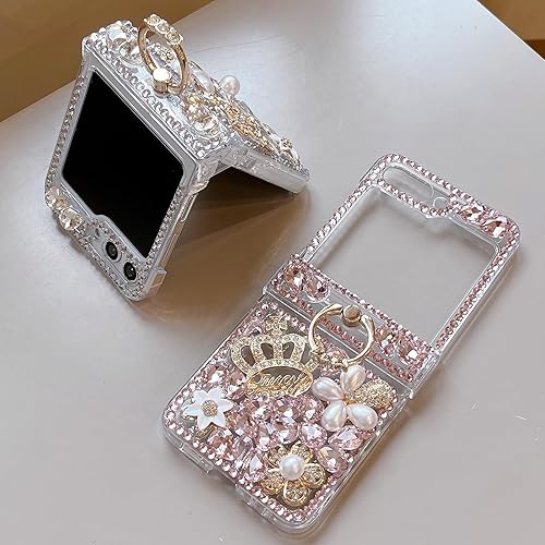 Miniatura 3 de Changjia Funda para Samsung Galaxy Z Flip 5 con purpurina y soporte para anillo de protección de bisagra, bonita y lujosa corona 3D de diamantes de