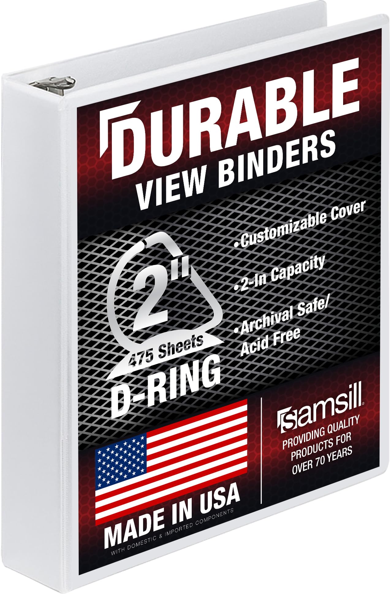 Samsill Raccoglitore resistente da 5 cm, prodotto negli Stati Uniti, raccoglitore ad anelli a D, copertina trasparente personalizzabile, bianco perla, contiene 475 pagine