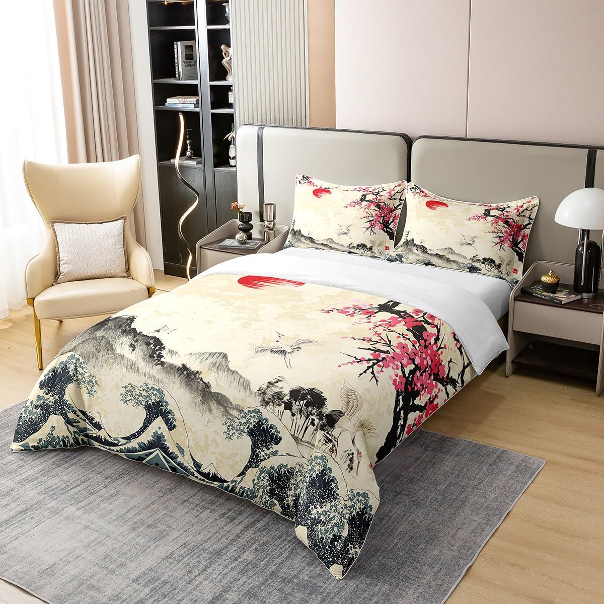 Set copripiumino in cotone 100% cotone con motivo floreale di sakura, stile giapponese, set copripiumino tradizionale retrò con rami di fiori botanici, bianco e rosa, per letto matrimoniale