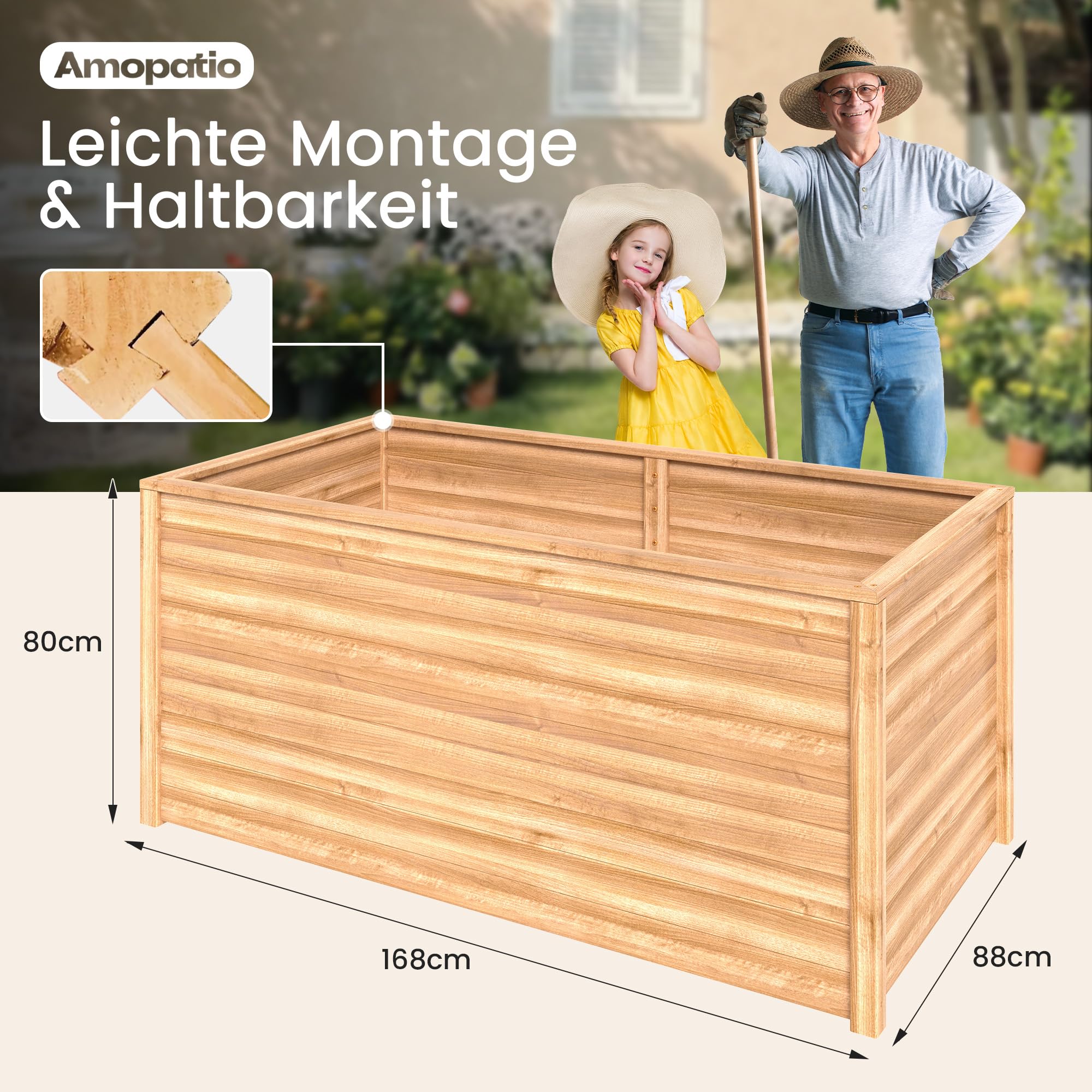 Amopatio Hochbeet Holz, 168x88x80cm, Pflanzkasten, Blumenkasten für Garten, 1200L Pflanzbeet, Kräuterbeet, Gemüsebeet, Blumenbeet für Balkon, Terrasse, Pflanzkübel, Natur
