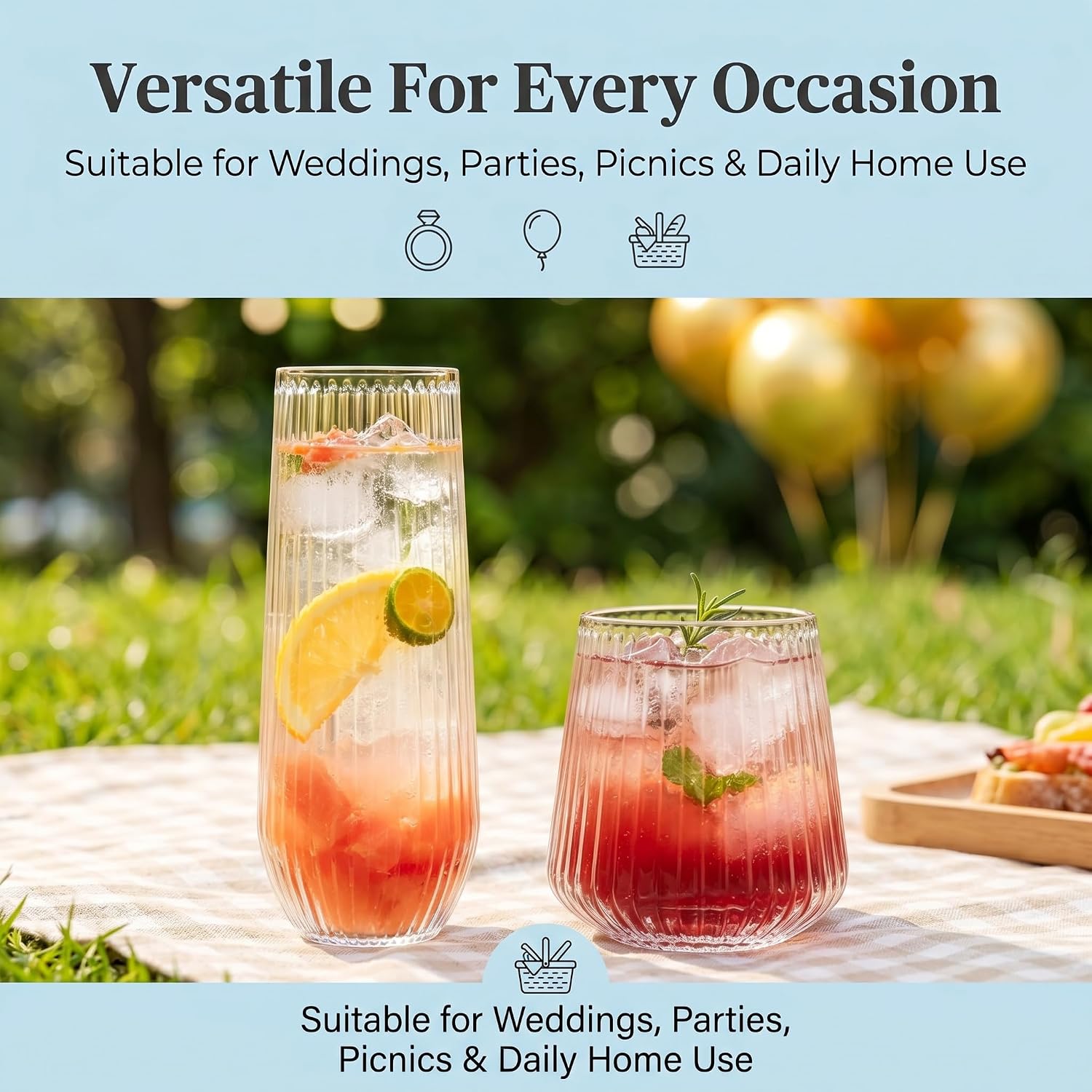 40 Pack Stemless Plastic Wine Glasses - 14oz Ribbed Disposable Wine Glasses Unbreakable Gold Rim Plastic Cocktail Glasses For Whiskey, Cocktail, Champagne, Parties, Weddings (Transparent & 14oz+9oz)