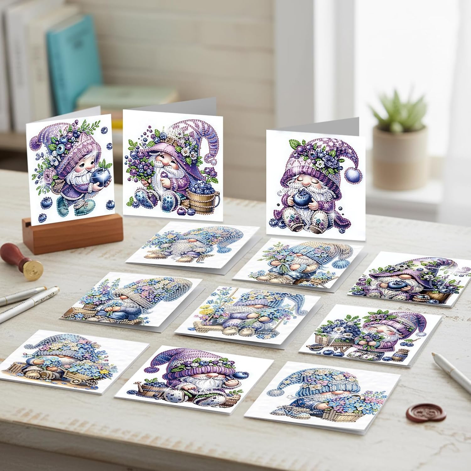 12 PCS Diamond Art Painting Greeting Card Kit with Envelopes, Crystal Gem Greeting Card Kit for Adult Daily Wishing Cards Creative Christmas Birthday Thanksgiving Day Holiday(Lavender Gnome)