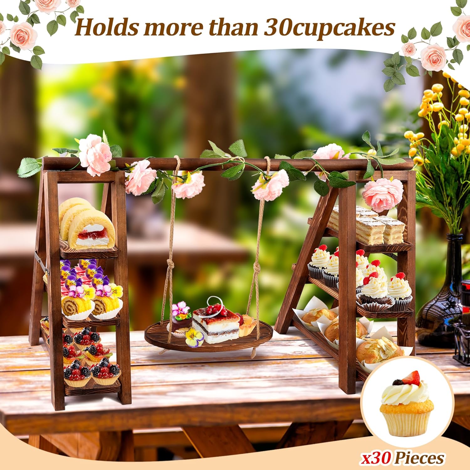 3 Tier Wooden Cupcake Stand with Swing and Flower Decoration, Large Dessert Stands with Serving Tray, Removable Trays, Foldable Ladder Food Display Set for Cake Snack Fruit Chips Bread Centerpieces (Dark Brown)