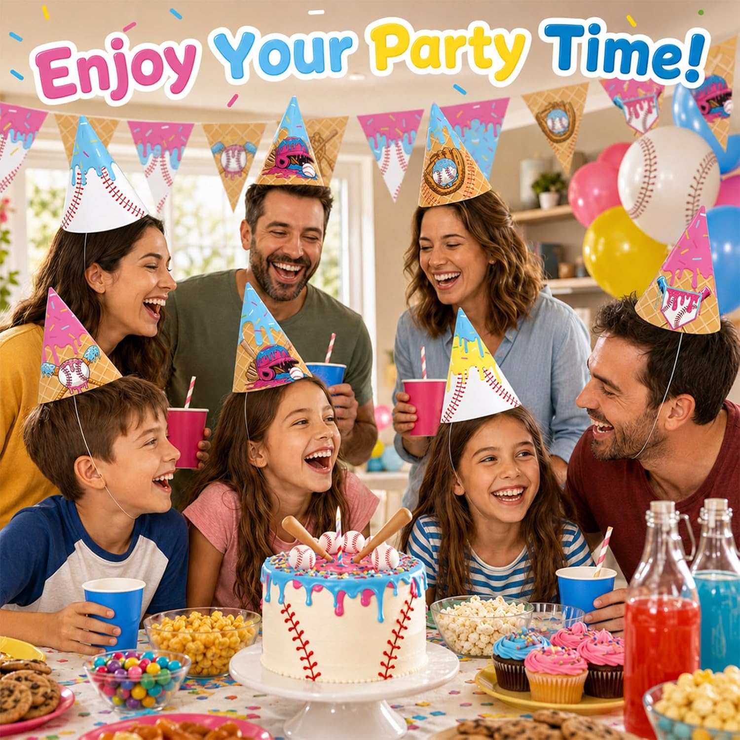 24PCS Ice Cream Drip Baseball Party Decorations Colorful Ice Cream Cone Hats Baseball Drip Birthday Headwear Sports Themed Headband Crown for Adults Birthday Baby Shower Party Supplies Favors