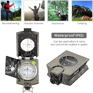 Proster Waterproof Compass Hiking with Fluorescent Scale - Compass Navigation with Clinometer & Carry Bag Compasses Professional for Camping Mountaineering & Outdoor Survival