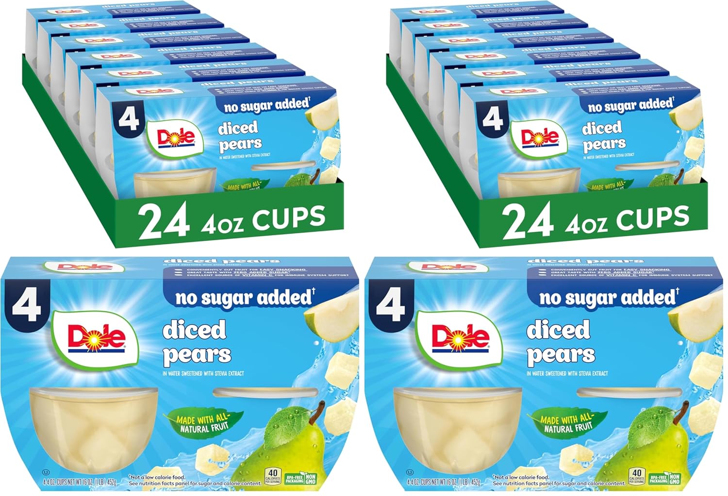 Dole Fruit Bowls No Sugar Added Snacks, Diced Pears 4oz 24 Cups, Gluten & Dairy Free, Bulk Lunch Snacks for Kids & Adults (Pack of 2)