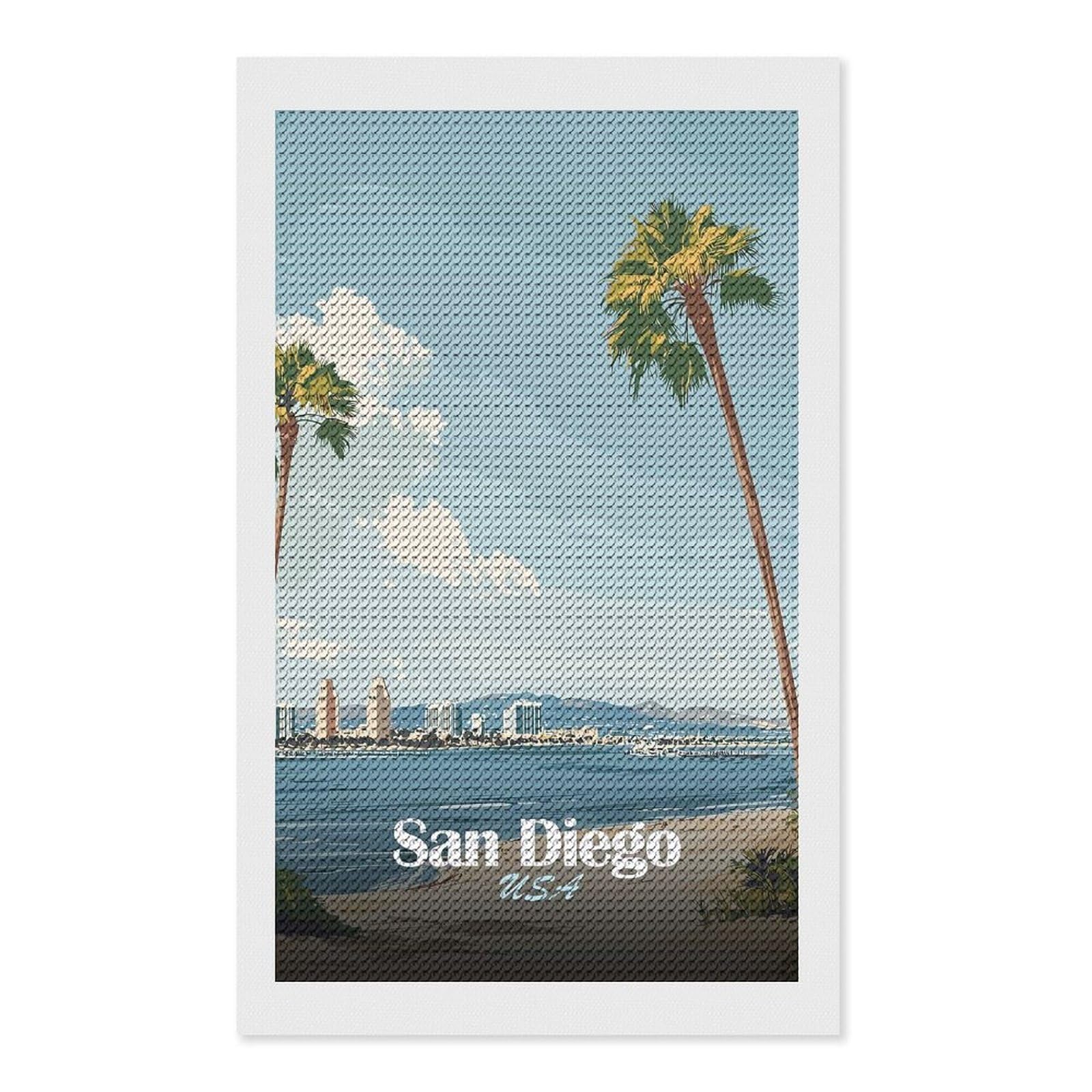 Junmoney San Diego Palm Tree Skyline DIY Diamond Art Canvas Kit 12"x20", Adhesive Canvas, Easy to Enjoy, Farmhouse Decor, Festive Craft Gift