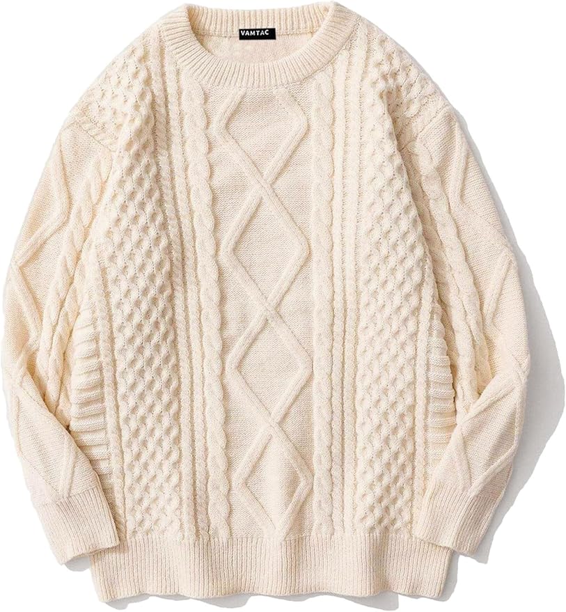 Vamtac Cable Knit Sweater Women Solid Oversized Pullover Sweaters Casual Vintage Crewneck Woven Tops