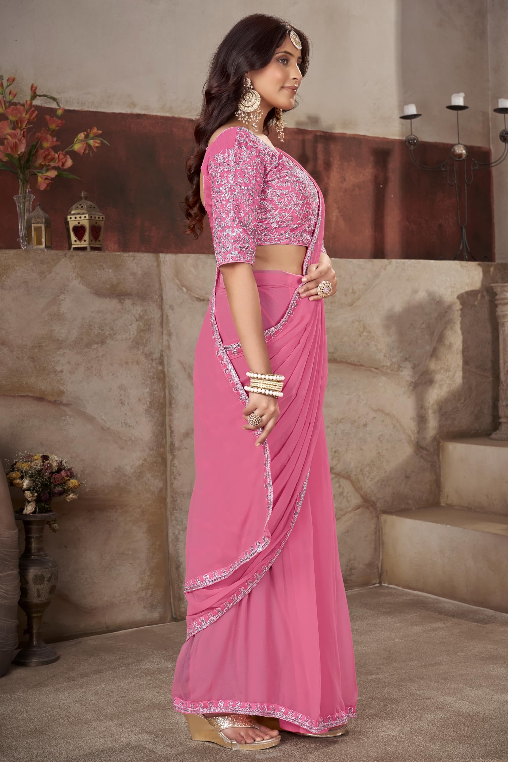 Glory Sarees Women's Georgette Ready To Wear Saree With Silk Blouse Piece (Readymade_Saree106_Pink) 4