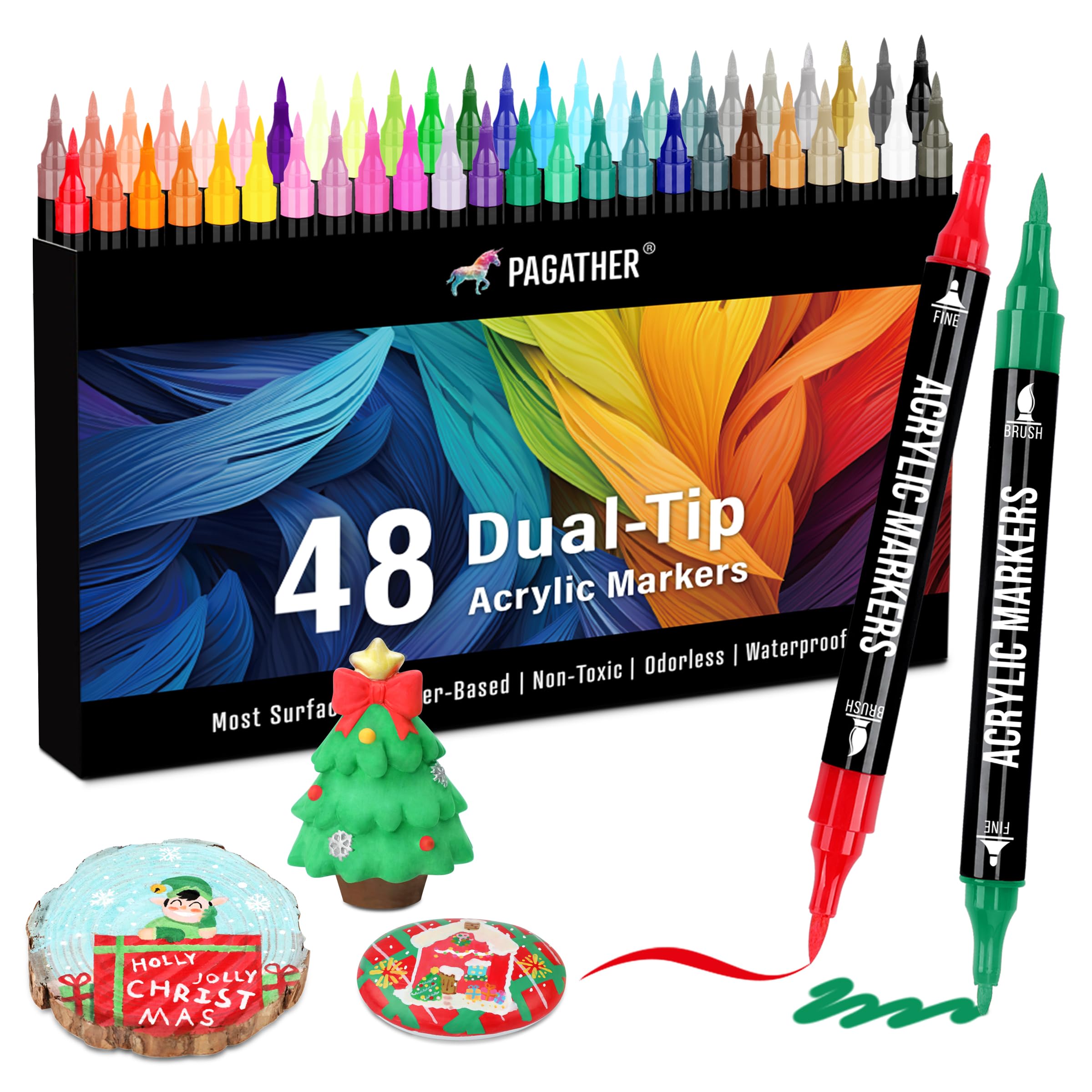 48 Colors Acrylic Paint Markers, Dual Tip with Fine Tip and Brush Tip Pens for Stone, Wood, Calligraphy, Canvas, Ceramic, Metal, Glass, Rock Painting, DIY Crafts