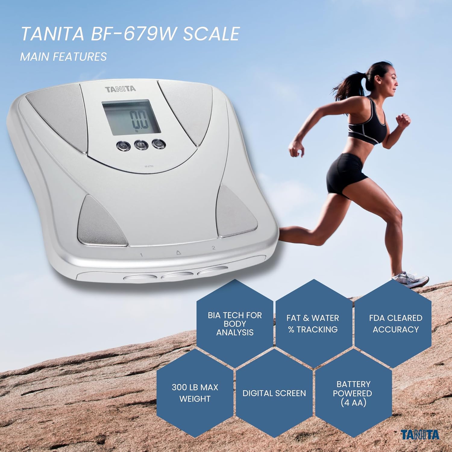 Tanita BF-679W Multi-Frequency Digital Body Fat and Body Water Scale - Smart Bathroom Weight Scale - Body Composition Monitor with Japan Technology - 300 lb Capacity - 2-User Memory
