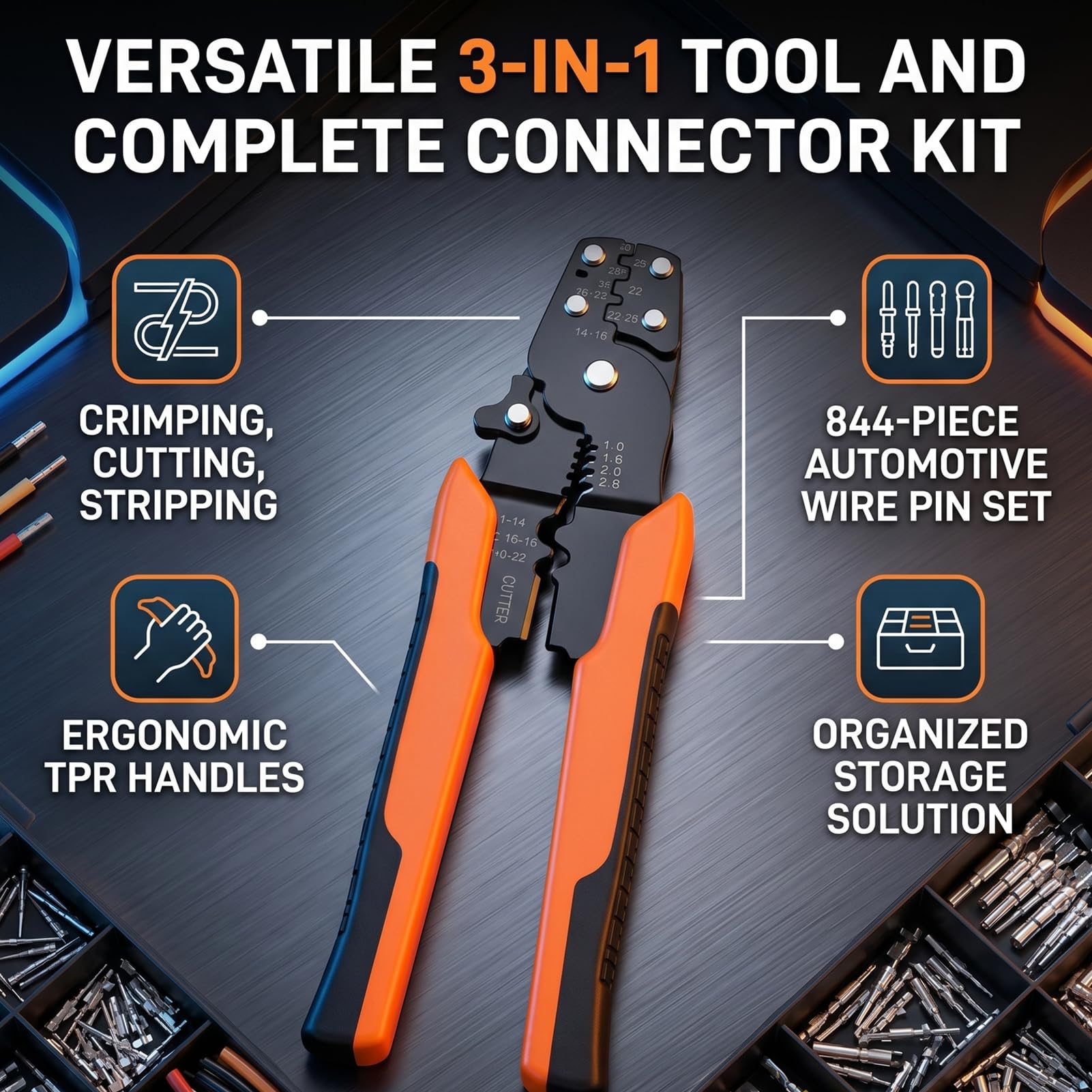 Tbest Kit de Broches de Connecteur Kit de Bornes à Sertir Connecteurs à Broches de Fil 844 Pièces 26 Type 10-24 AWG Outil de Dénudage de Sertissage avec 360 Fiches étanches à la Pluie