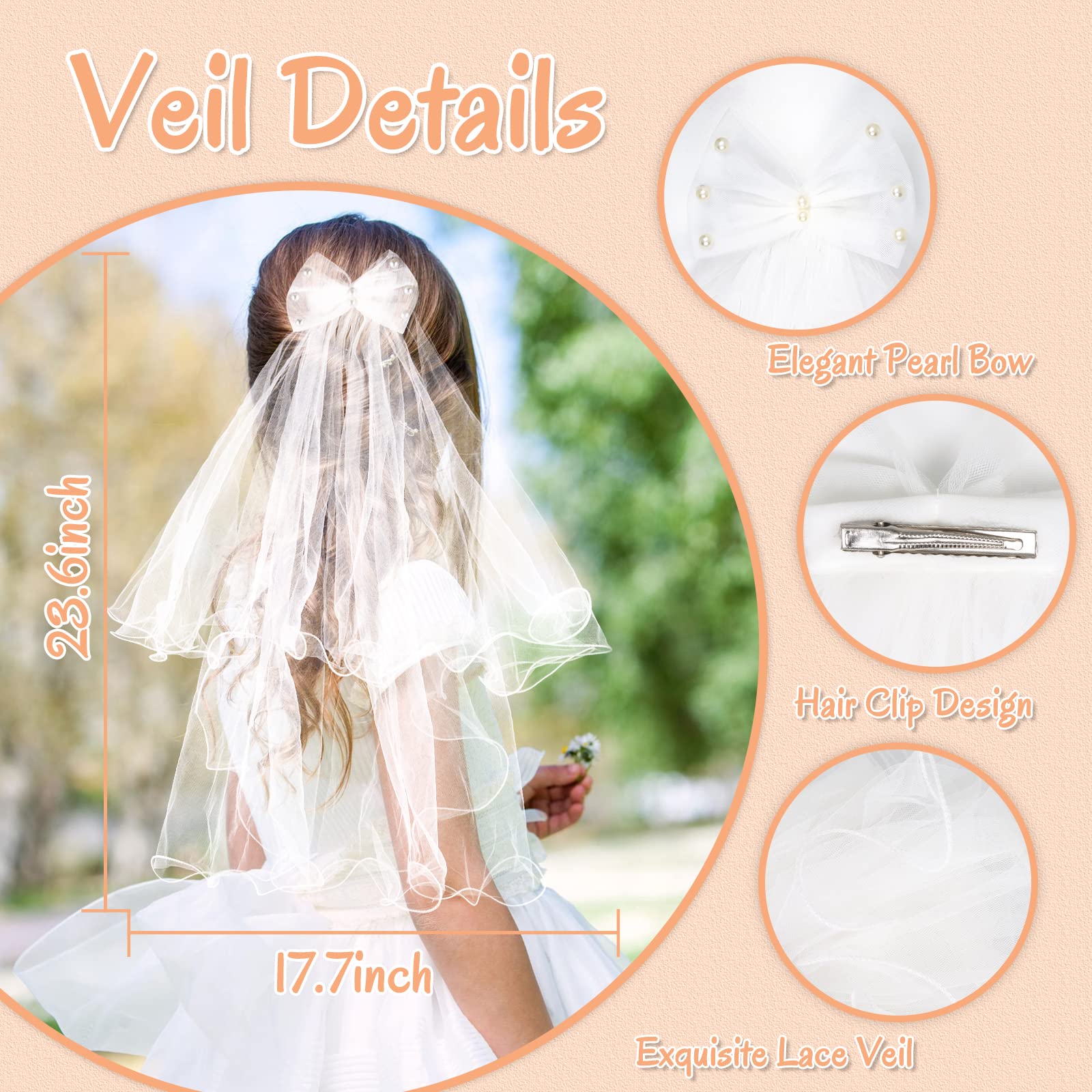 Yelsky Girls First Communion Veil Set, White Lace with Pearl Bow Communion Veil for Girls, White Flower Pearl Wreath Crown