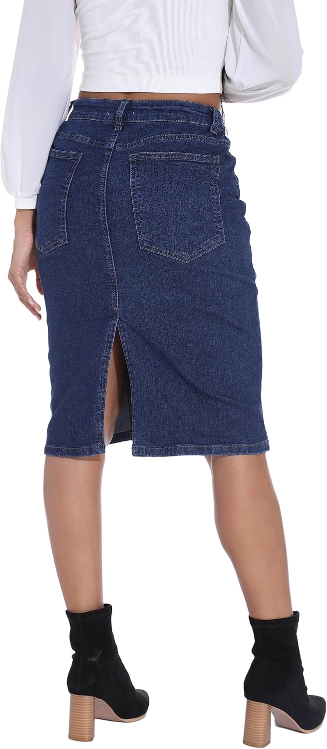 GUANYY Womens Denim Skirt-High Waisted Knee Length Slim Fit Pencil Stretch Jean Skirt - Image 3
