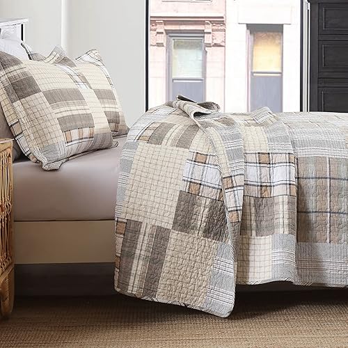Vista 56 de Y-PLWOMEN Edredón tamaño Queen, 100 % algodón, edredón de retazos marrón a cuadros, colcha ligera tamaño Queen, suave, transpirable, para todas