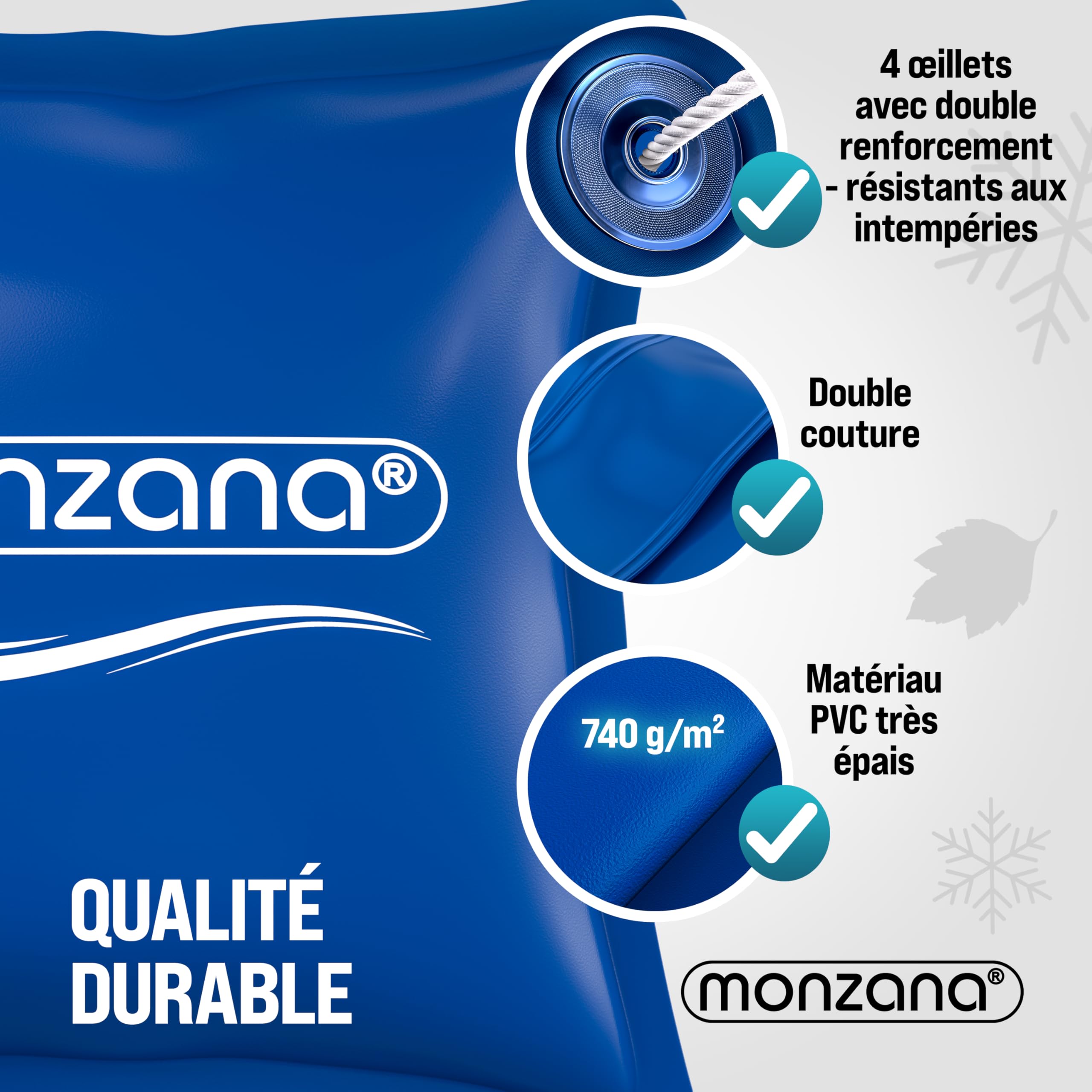 MONZANA® 4X Coussin de Piscine hivernage XL Corde PVC -20°C Double Couture 4 Oeillets Coussin Gonflable Oreiller Piscine Coussin Flottant Valve air | corde, double couture, 4 œillets, coussin gonflable, flottant, ballon, 120x120cm, eau chlorée, 0,44mm, ne