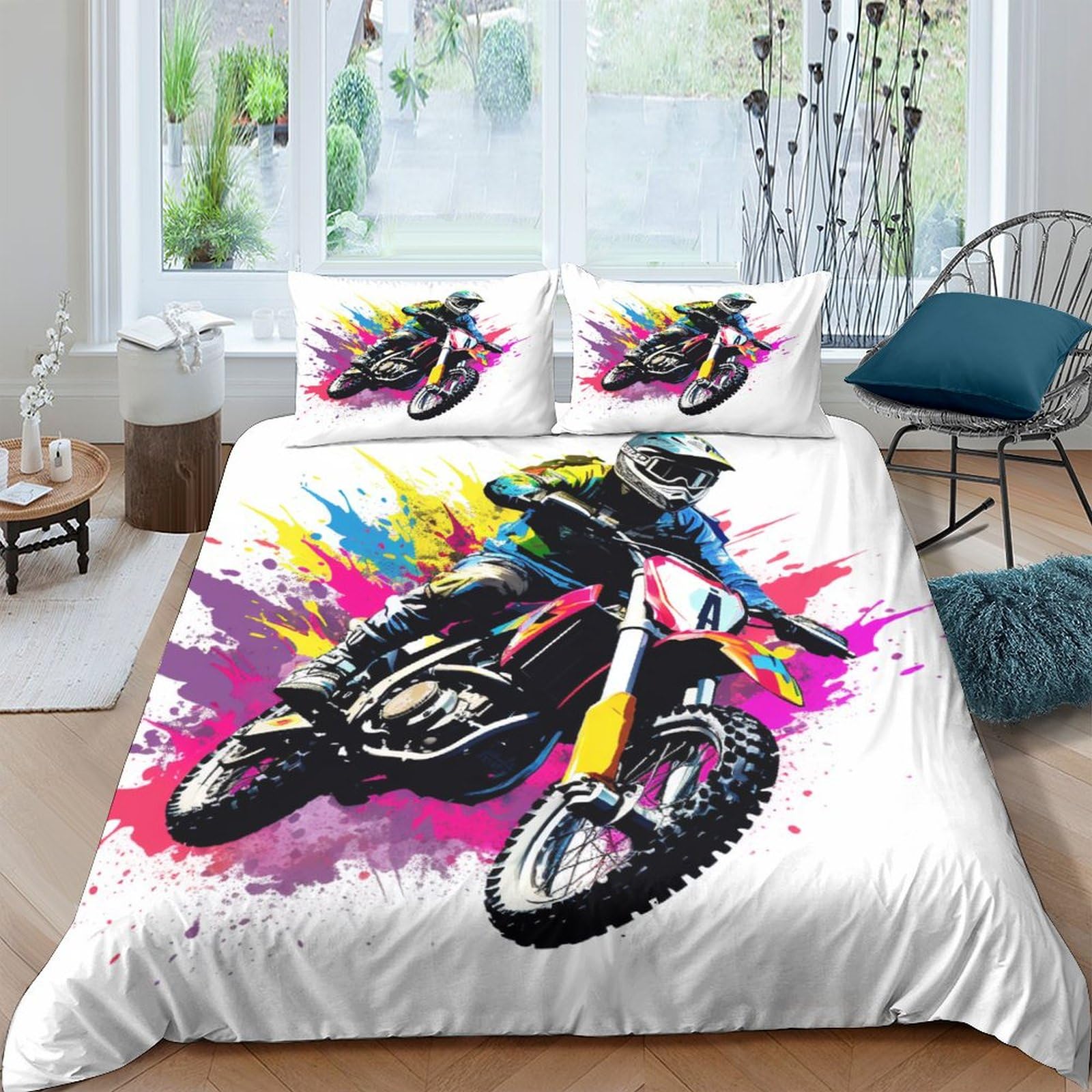 Housse de couette motocross anti-allergie, parure de lit microfibre douce pour peau sensible