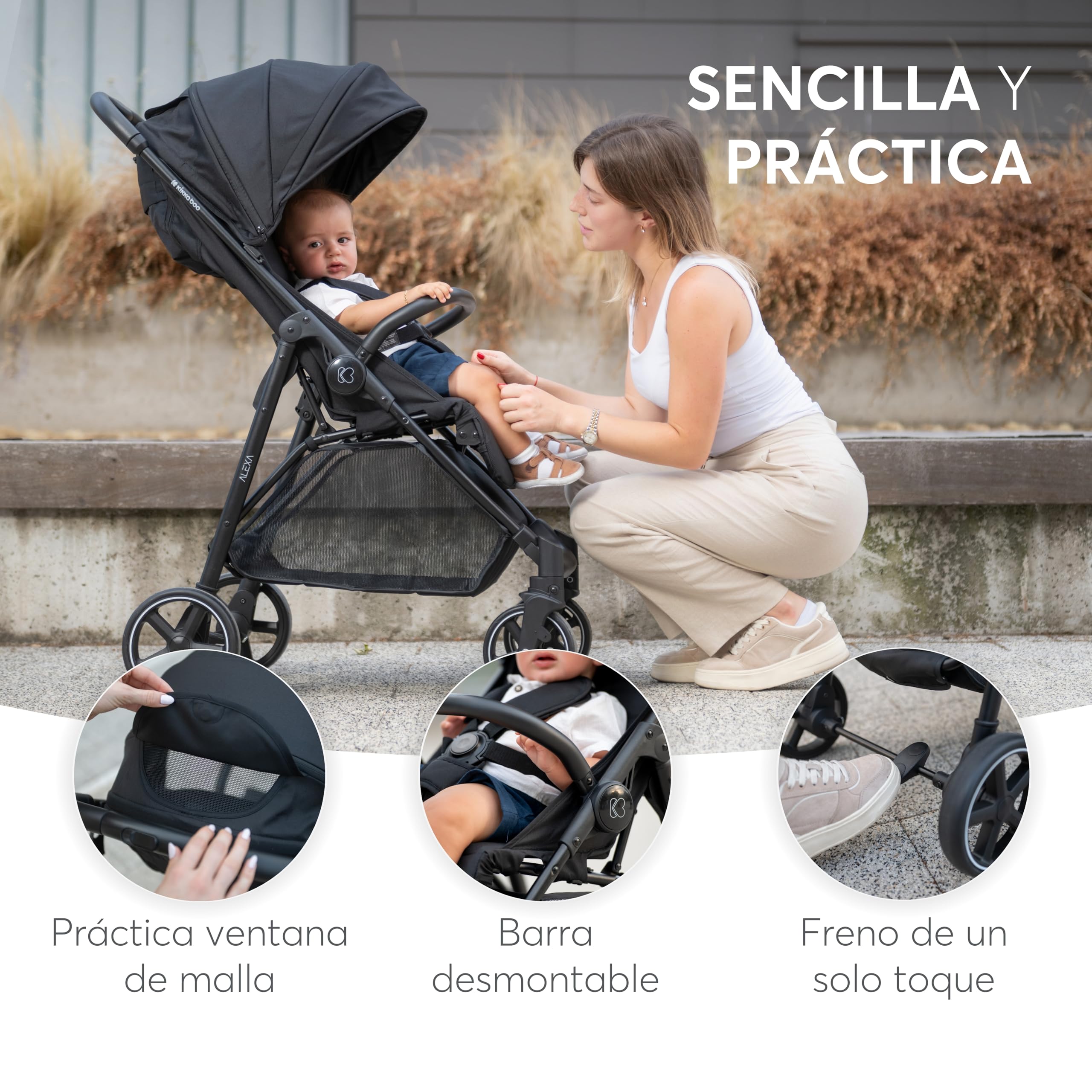 KikkaBoo ALEXA Silla de Paseo Ligera desde Nacimiento hasta 22 kg, Plegado con una Mano, Respaldo Reclinable con Posición Tumbada, Suspensión en Todas las Ruedas, Reposapiés Ajustable, Gris Oscuro