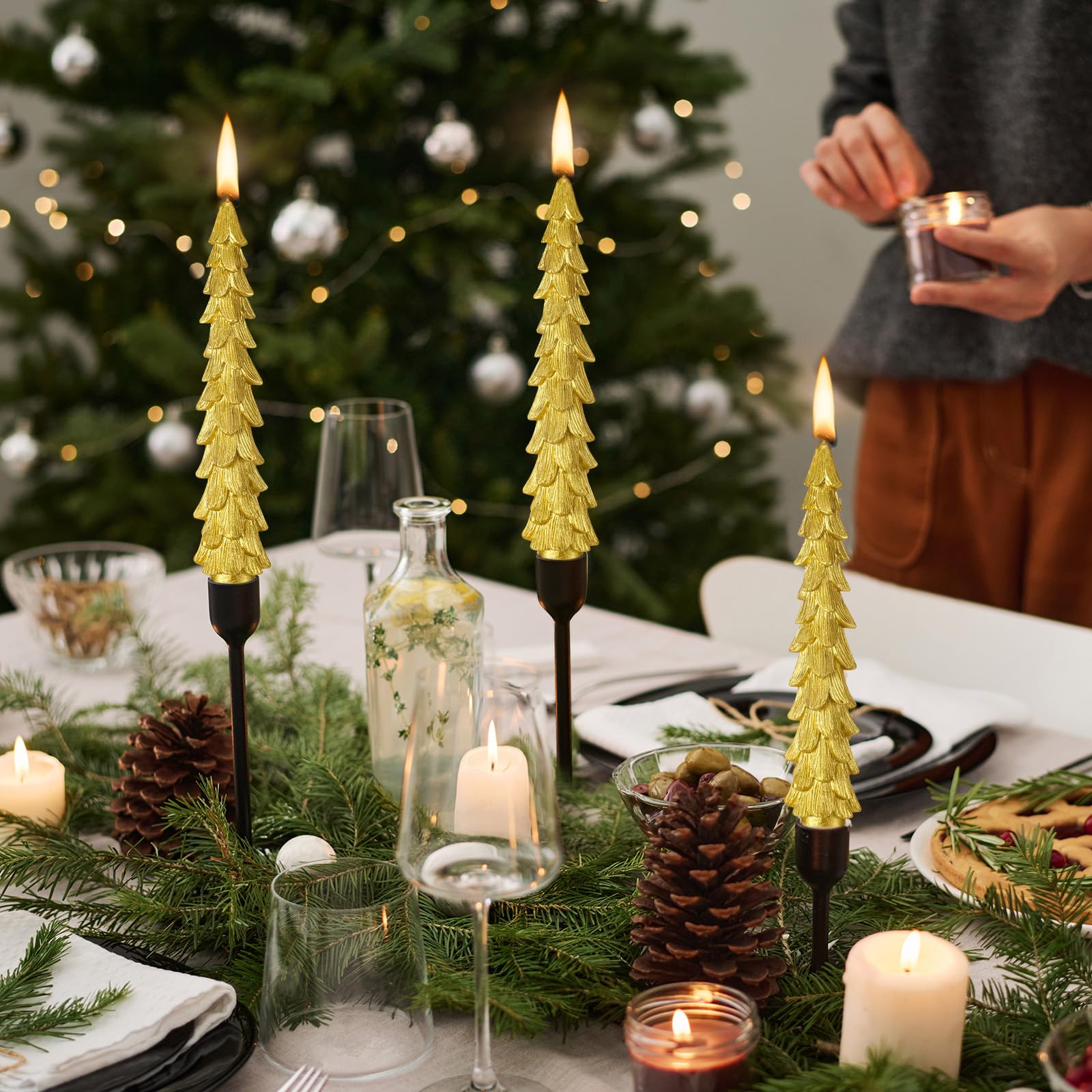 MTLEE 4 Pcs Christmas Tree Shaped Taper Candles Xmas Eve Holiday Candle Unscented Candlesticks for Christmas Party Room House Kitchen Decor Wedding Decorations Gift (Gold,10 Inch)